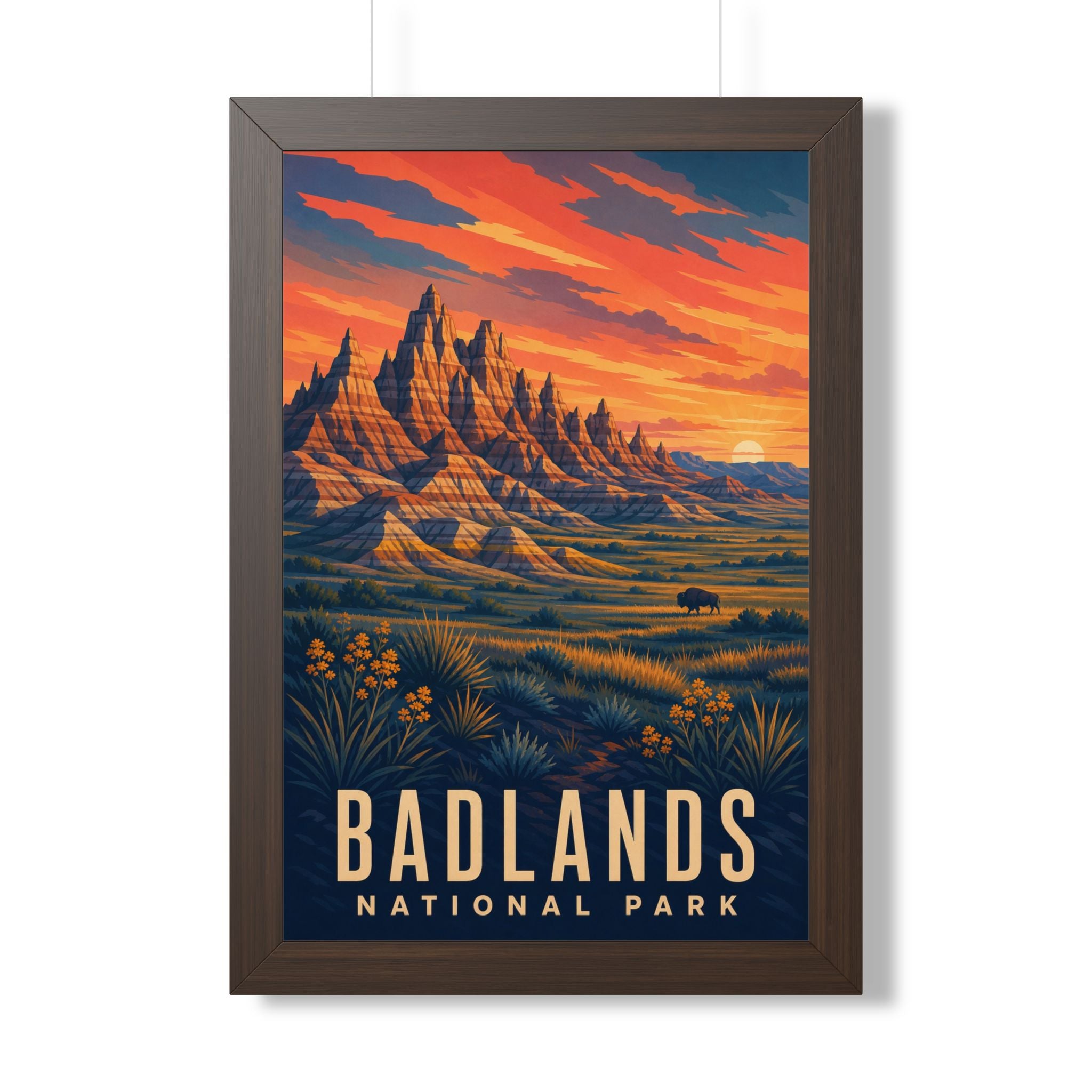 Badlands National Park Framed Poster | Vintage Travel Wall Art | Black Walnut White Frame | 16x24 20x30
