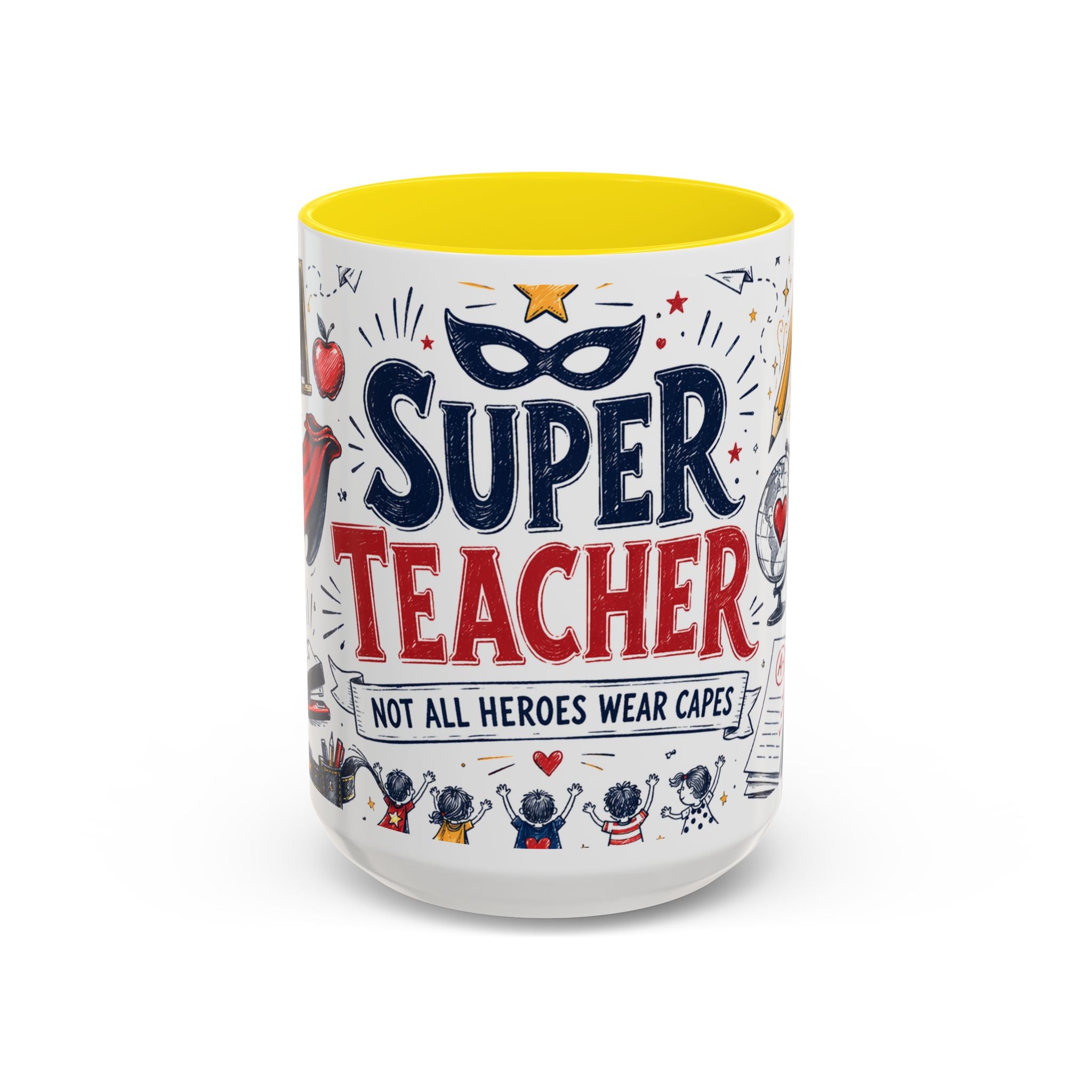 Super Teacher Coffee Mug | All Heroes Wear Capes Teacher Gift | Accent Color Ceramic 11oz 15oz