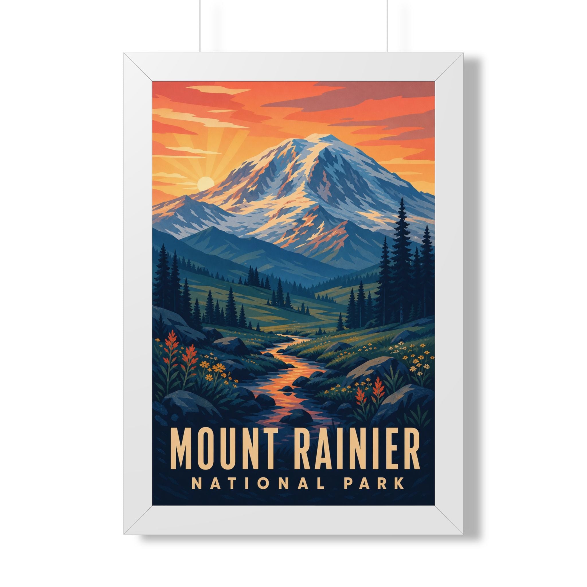 Mount Rainier National Park Framed Poster | Vintage Travel Wall Art | Black Walnut White Frame | 16x24 20x30