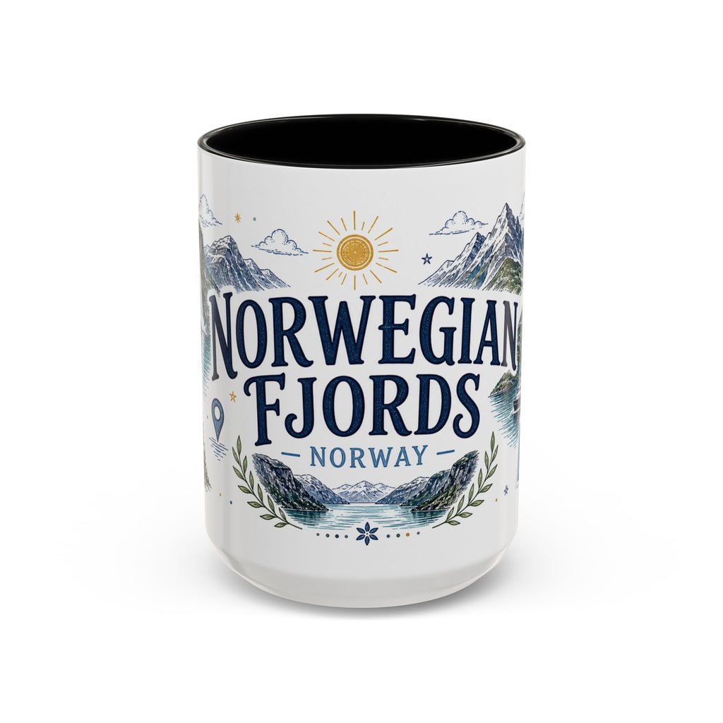 Norwegian Fjords Coffee Mug | Travel Destination Souvenir Gift | Accent Color Ceramic 11oz 15oz