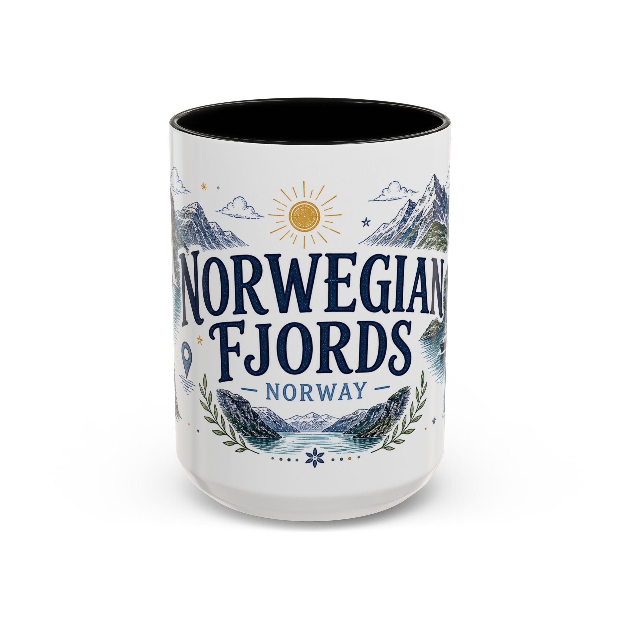 Norwegian Fjords Coffee Mug | Travel Destination Souvenir Gift | Accent Color Ceramic 11oz 15oz