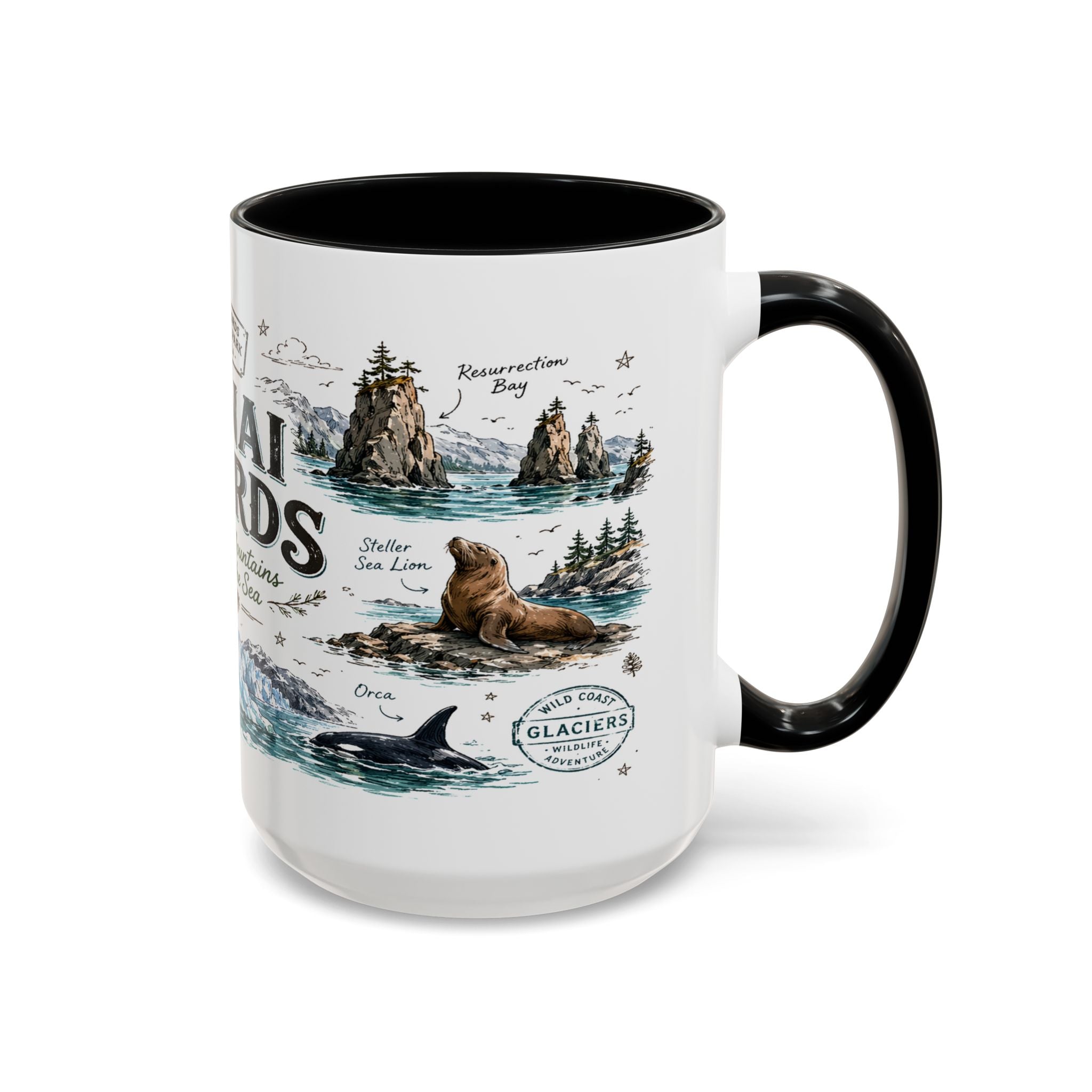 Kenai Fjords National Park Coffee Mug | Alaska Coastal Wildlife Hiking Gift | Accent Color Ceramic 11oz 15oz