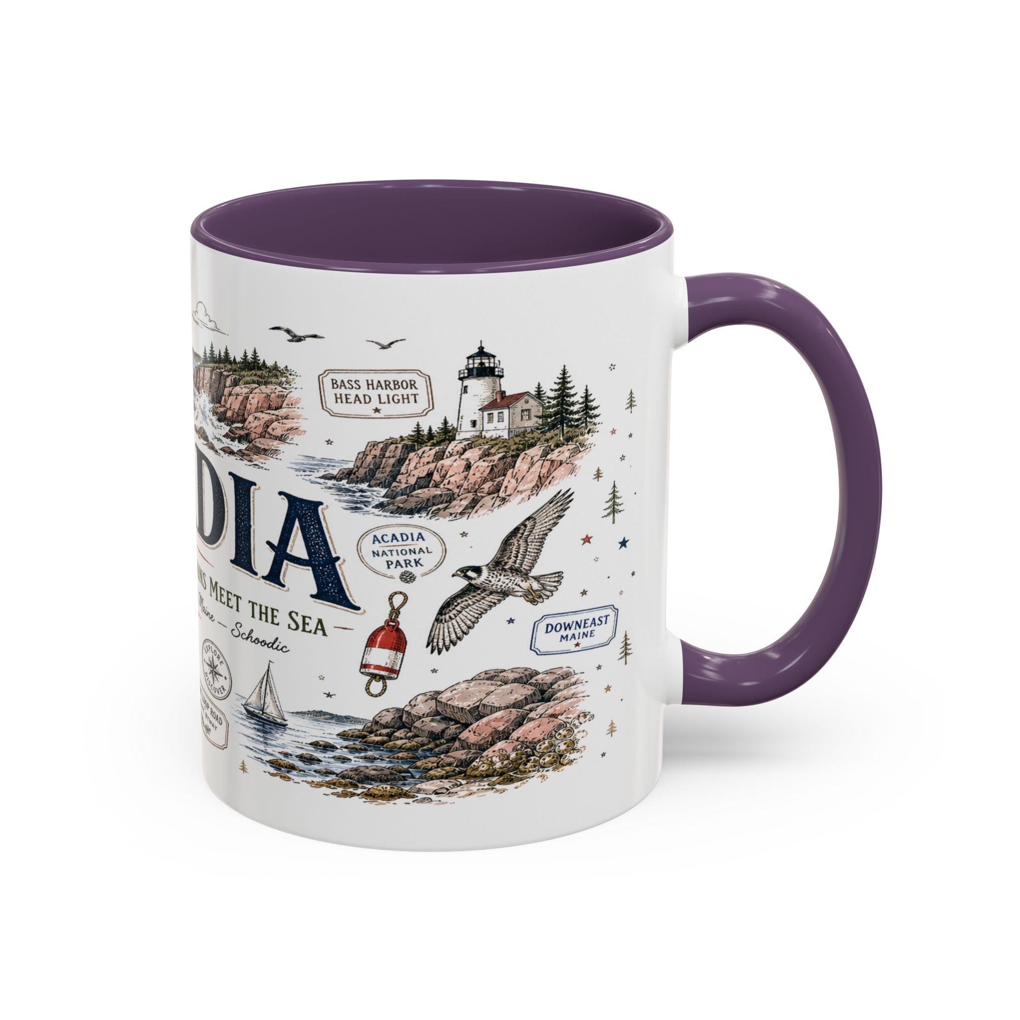 Acadia Coffee Mug | National Park Hiking Coastal Gift | Accent Color Ceramic 11oz 15oz