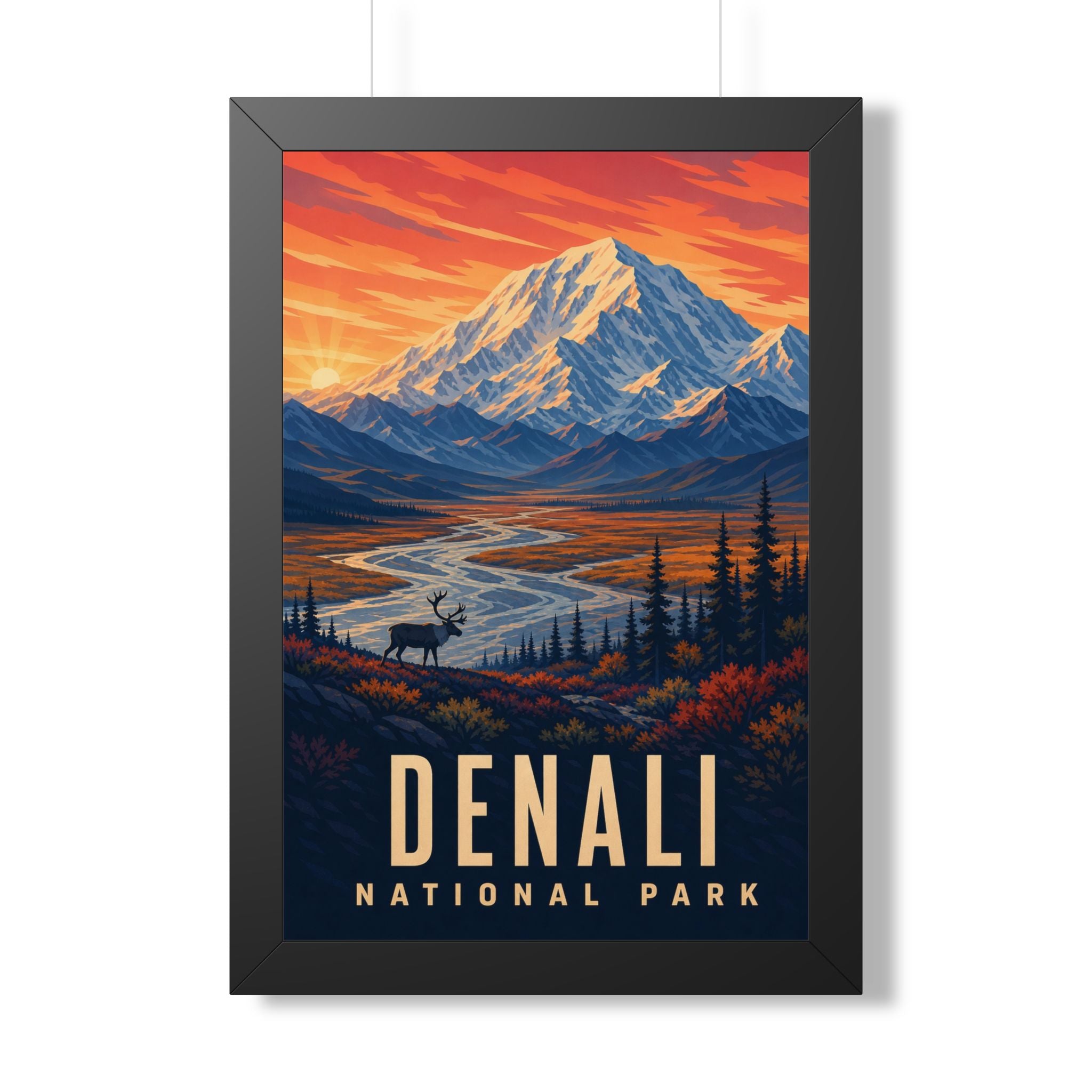 Denali National Park Framed Poster | Vintage Travel Wall Art | Black Walnut White Frame | 16x24 20x30