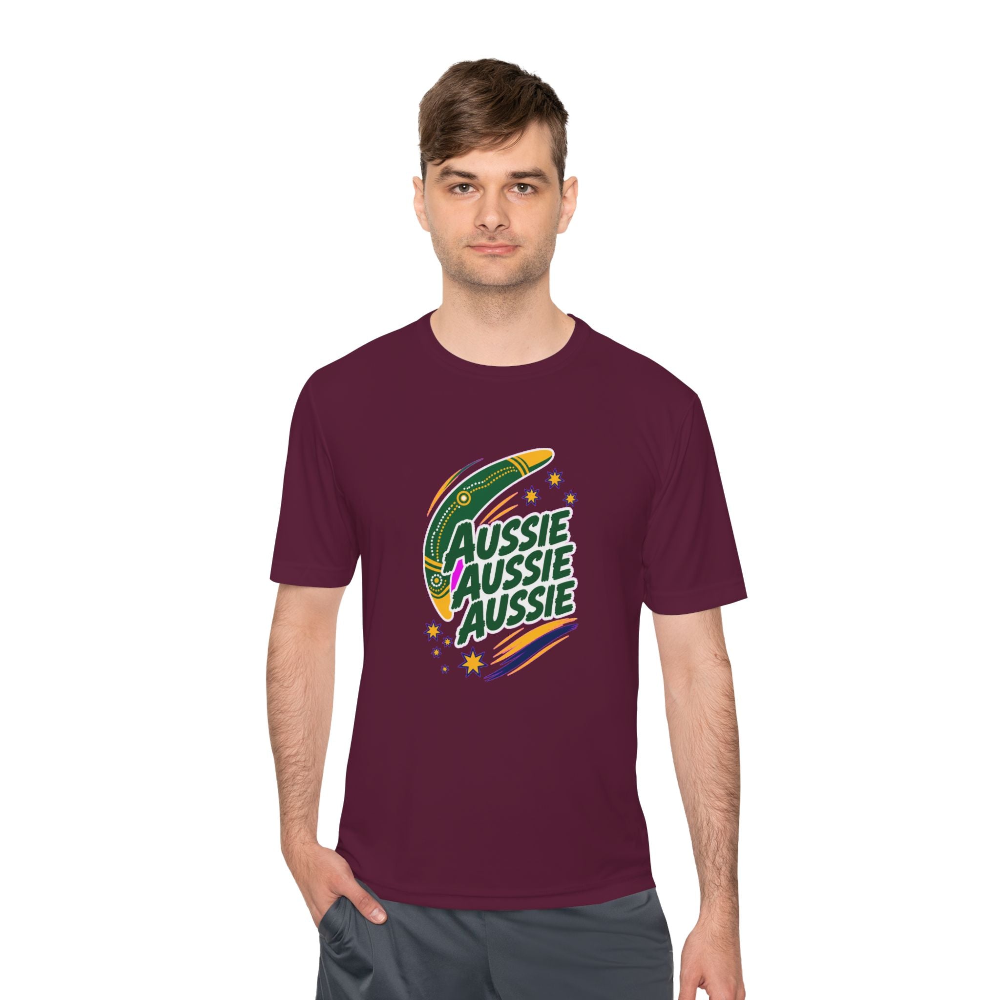 Australia Fan T-Shirt, Aussie Boomerang Design, Moisture Wicking Sport Tee