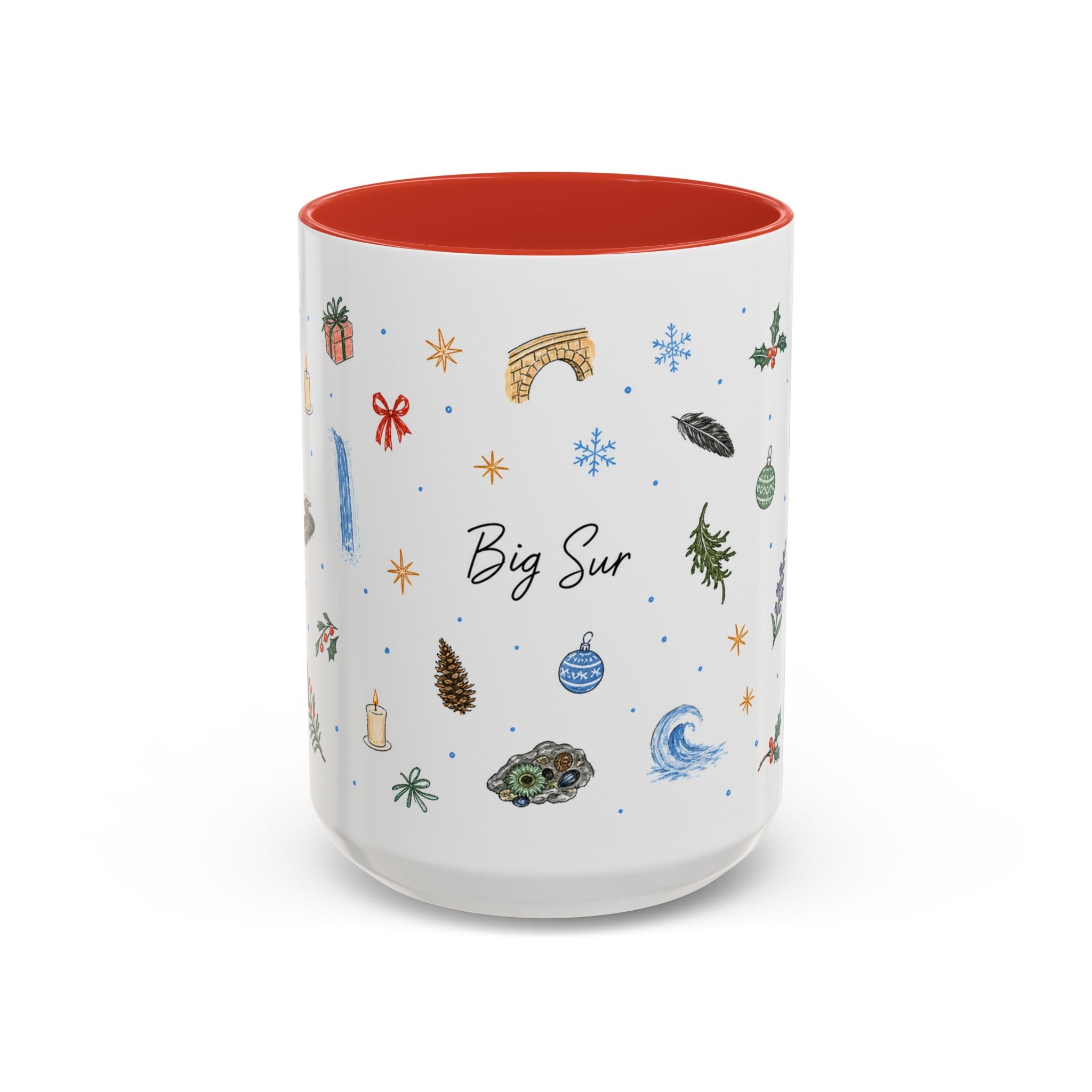 Big Sur Christmas Mug | Watercolor Travel Souvenir | Holiday Gift | Accent Ceramic Coffee Cup 11oz 15oz