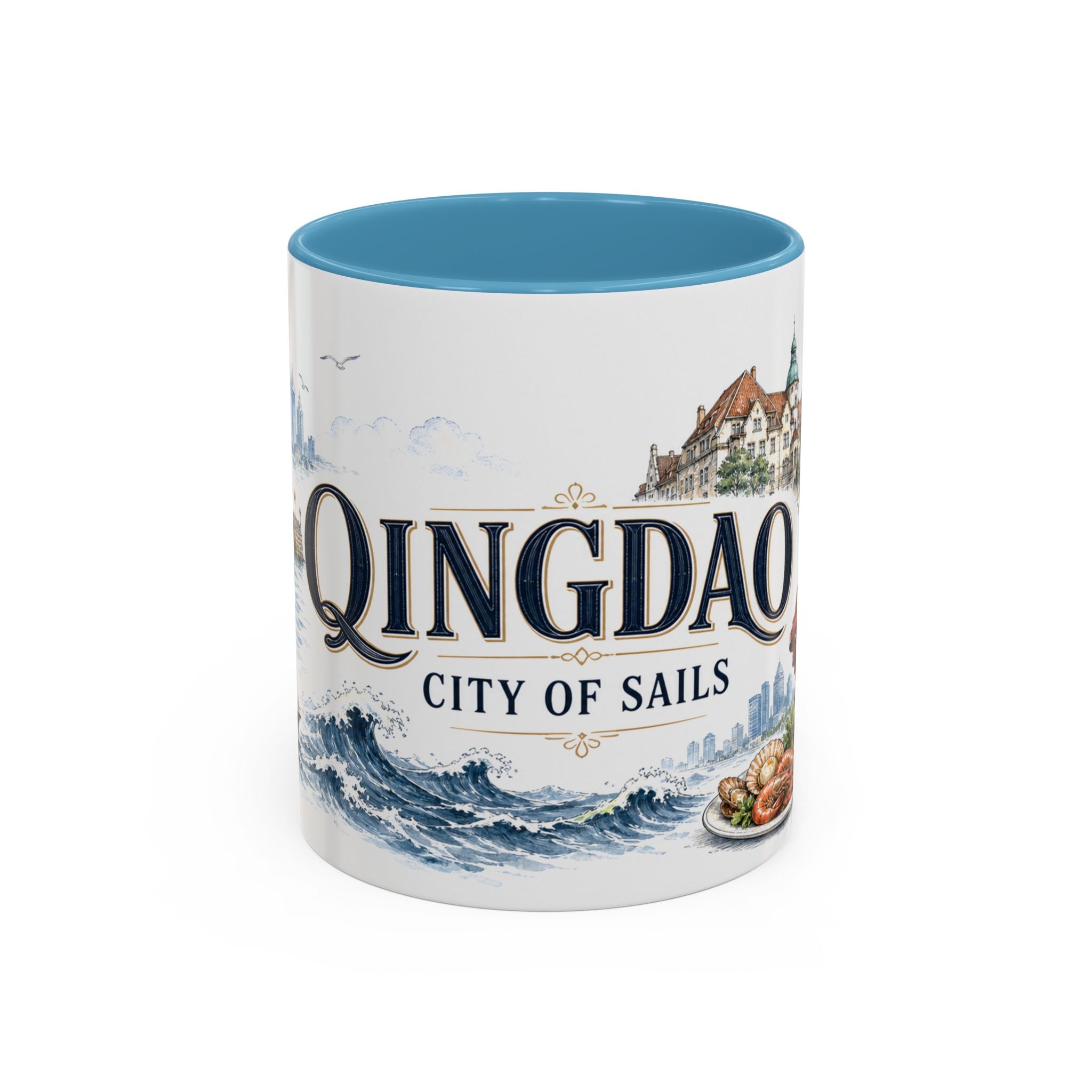 Qingdao Coffee Mug | China Travel Souvenir | Vintage Illustrated City Gift | 11 oz 15 oz Accent Mug