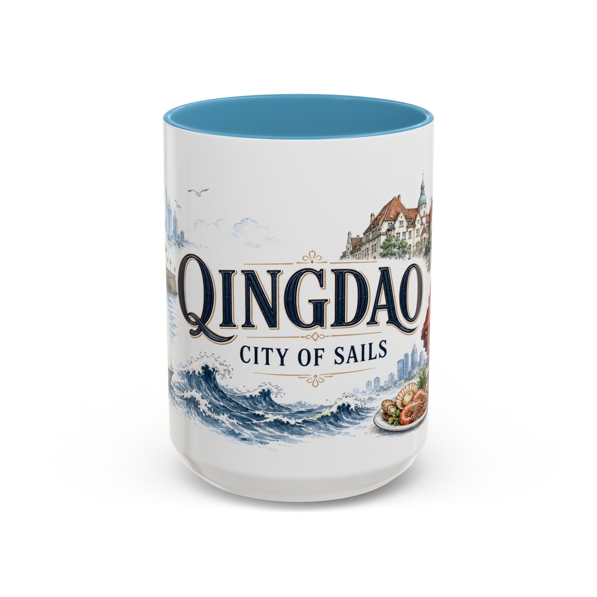 Qingdao Coffee Mug | China Travel Souvenir | Vintage Illustrated City Gift | 11 oz 15 oz Accent Mug