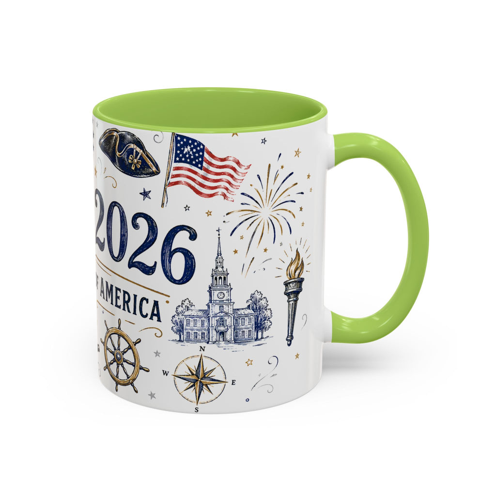 America 250 Coffee Mug | 1776-2026 Patriotic 4th of July Gift | Accent Color Ceramic 11oz 15oz
