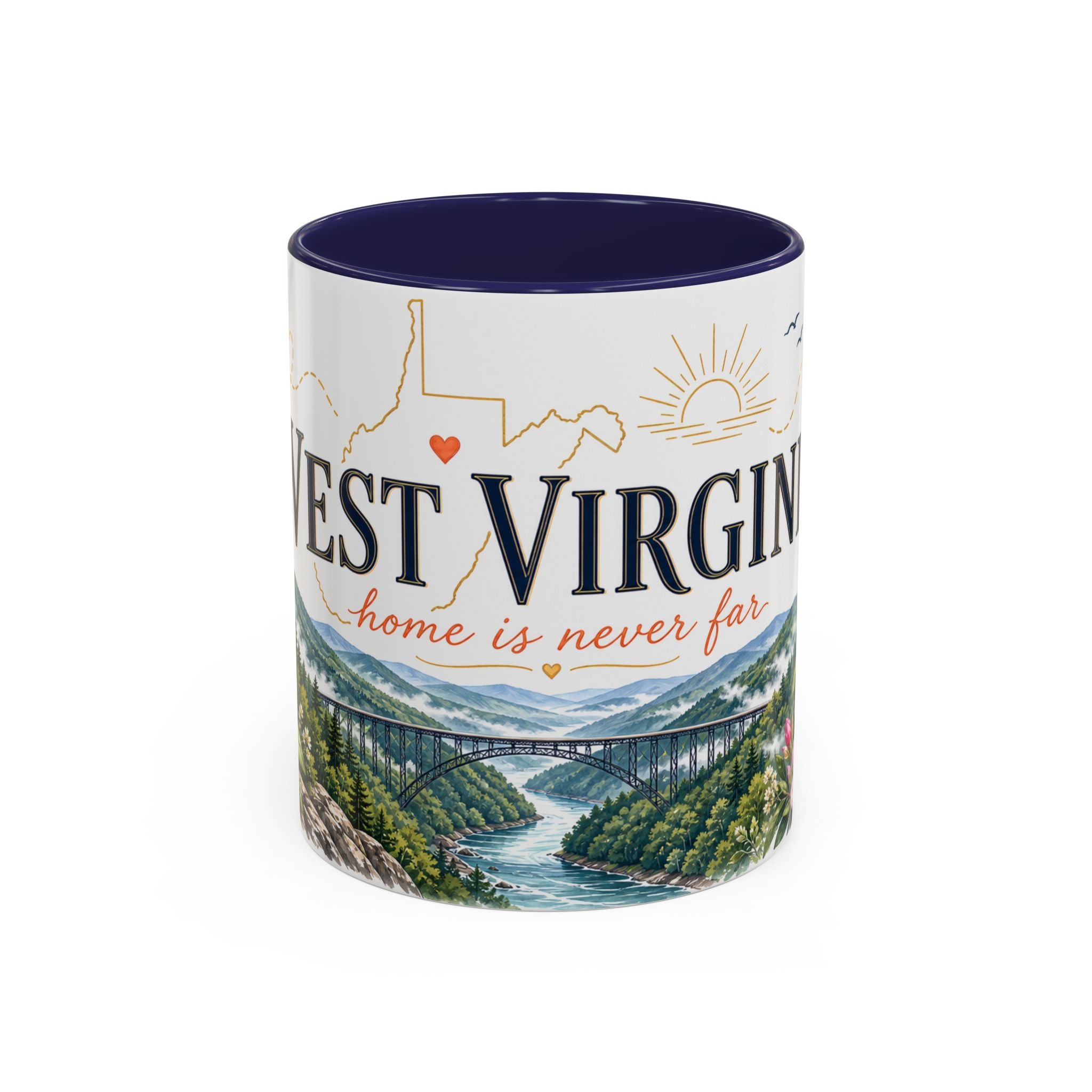 West Virginia State Map Mug | Appalachian Bridge, Rhododendron Accent Coffee Cup