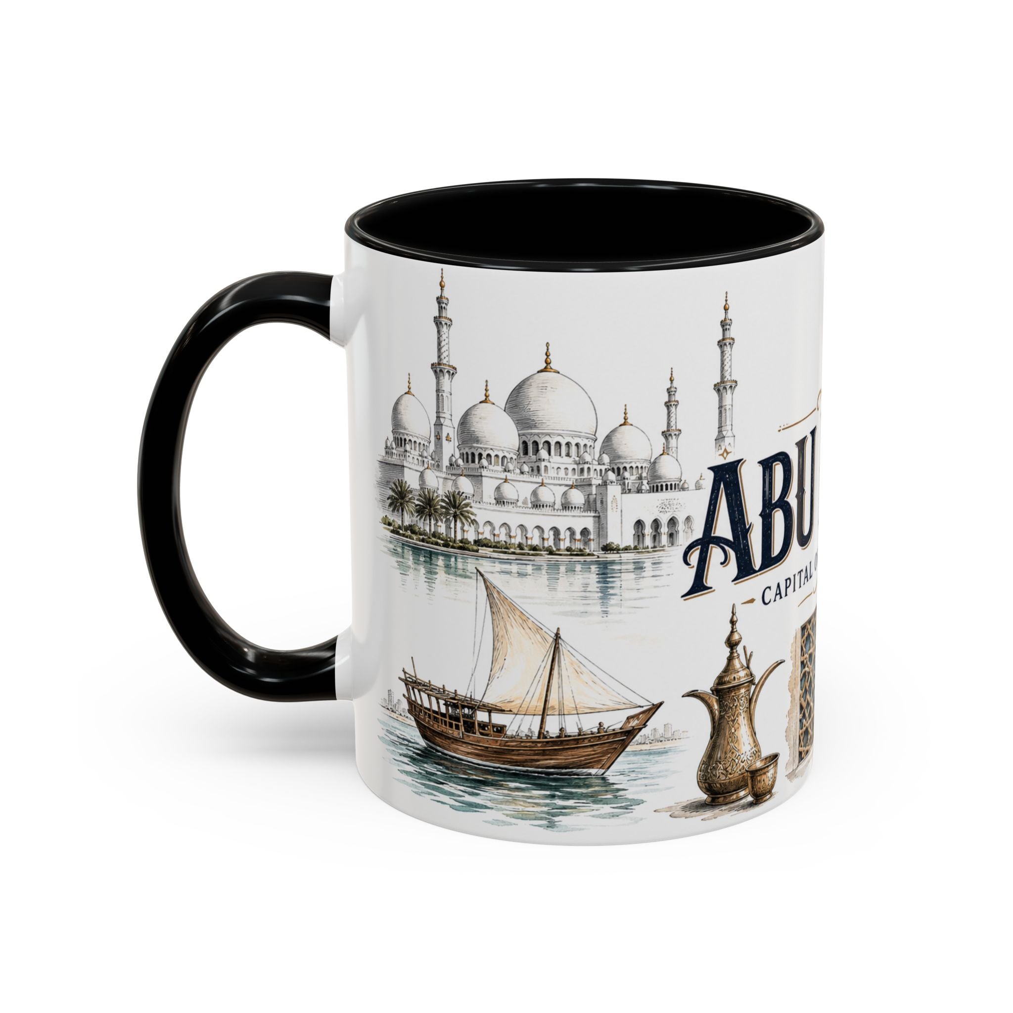 Abu Dhabi Coffee Mug | United Arab Emirates Travel Souvenir | Vintage Illustrated City Gift | 11 oz 15 oz Accent Mug