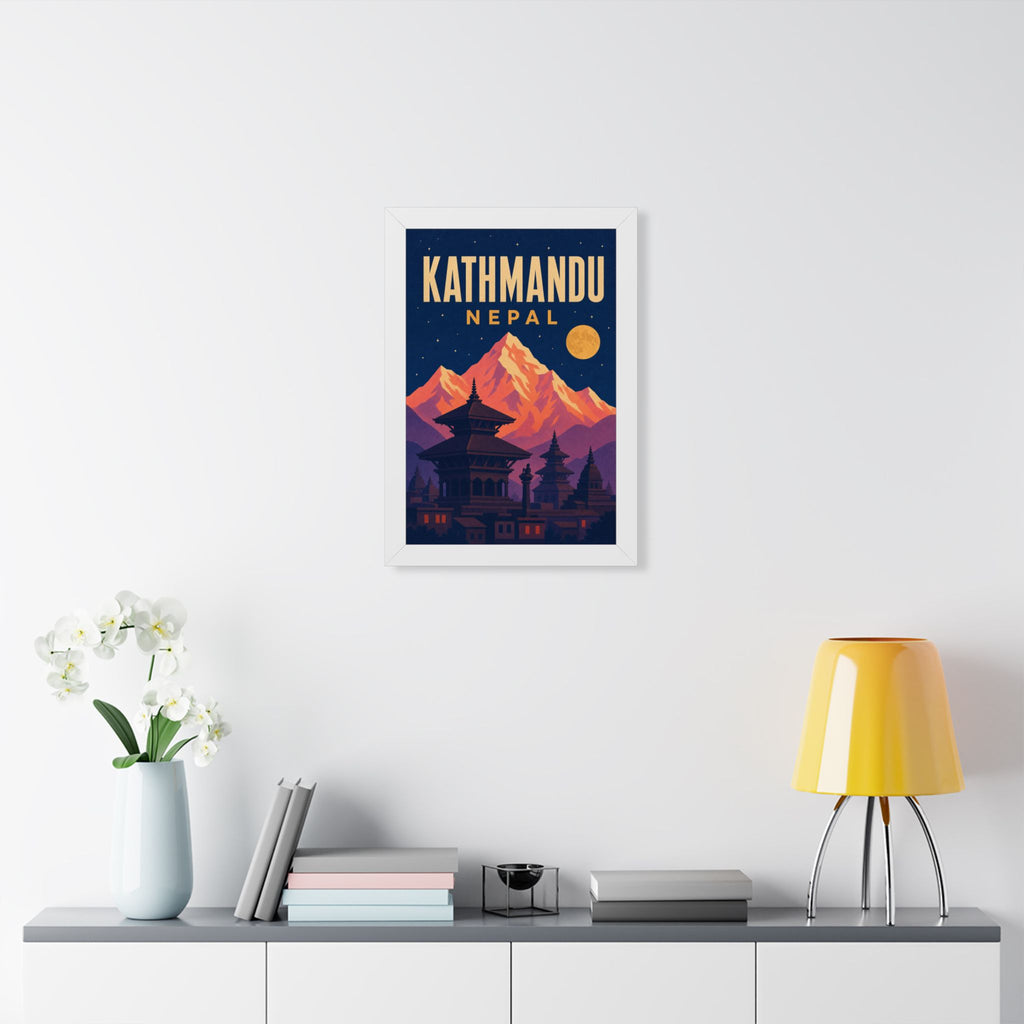 Kathmandu Nepal Framed Poster | Vintage Travel Wall Art | Black Walnut White Frame | 16x24 20x30
