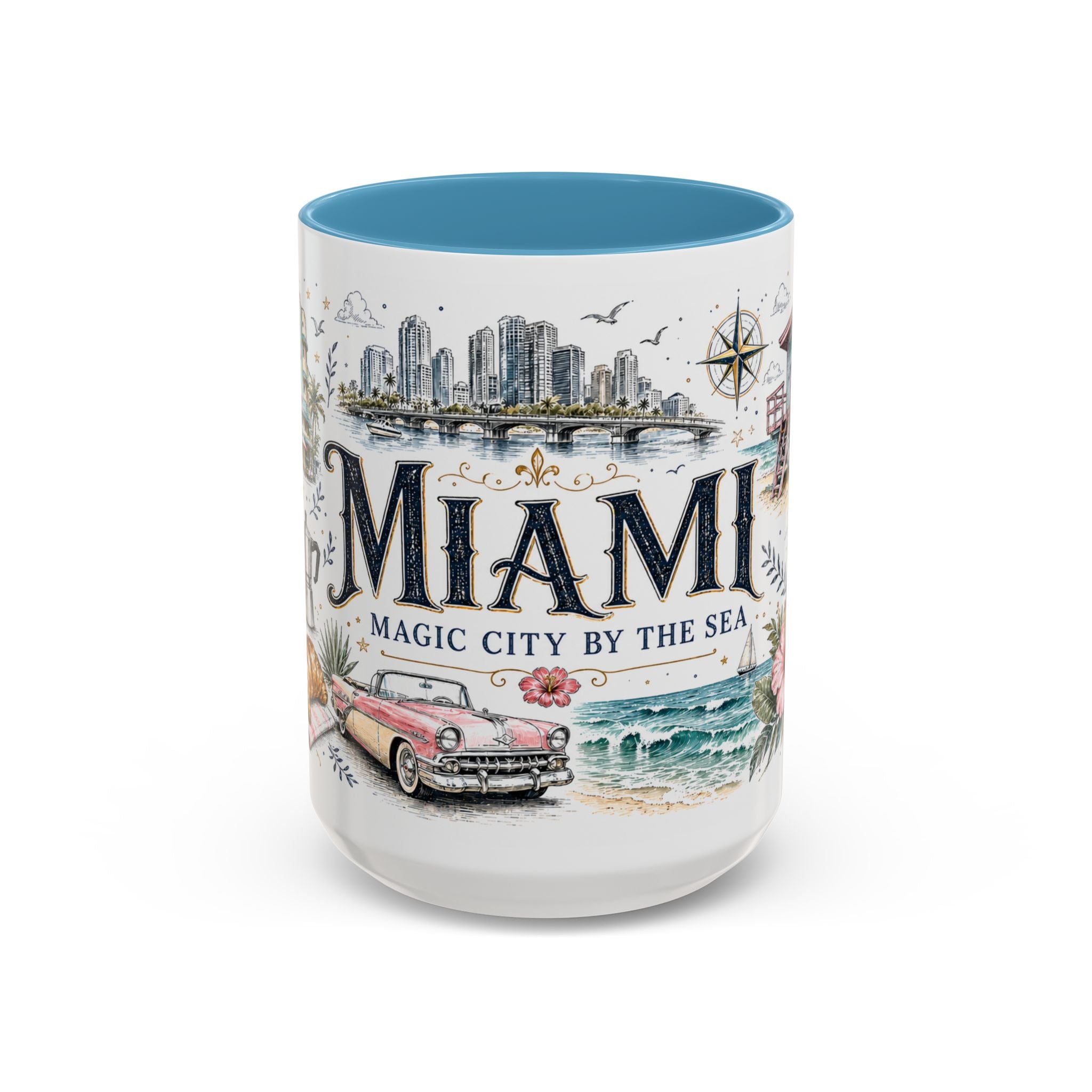 Miami Coffee Mug | United States Travel Souvenir | Vintage Illustrated City Gift | 11 oz 15 oz Accent Mug
