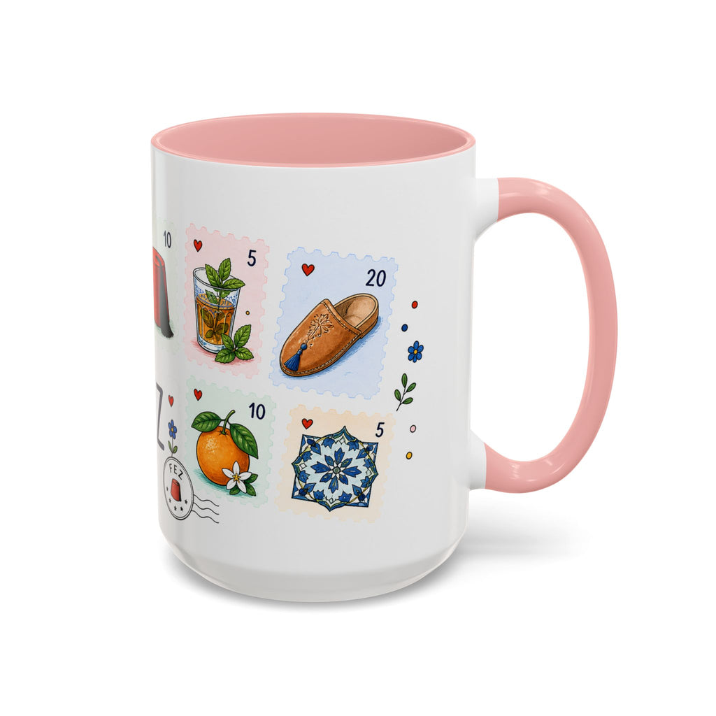 Fez Coffee Mug | Postage Stamp Collage Mug | Travel Souvenir Accent Cup 11oz 15oz