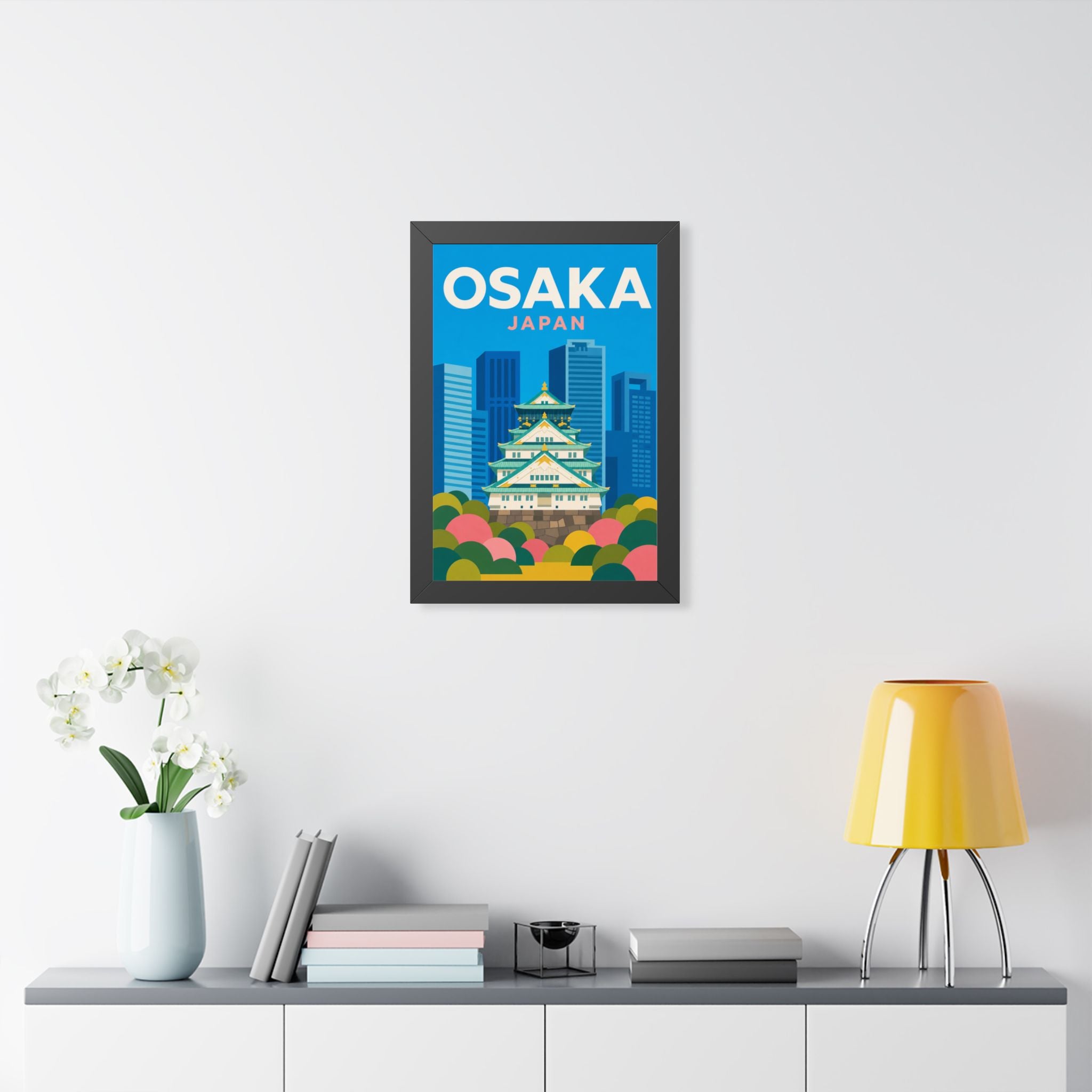 Osaka Japan Framed Poster | Vintage Travel Wall Art | Black Walnut White Frame | 16x24 20x30