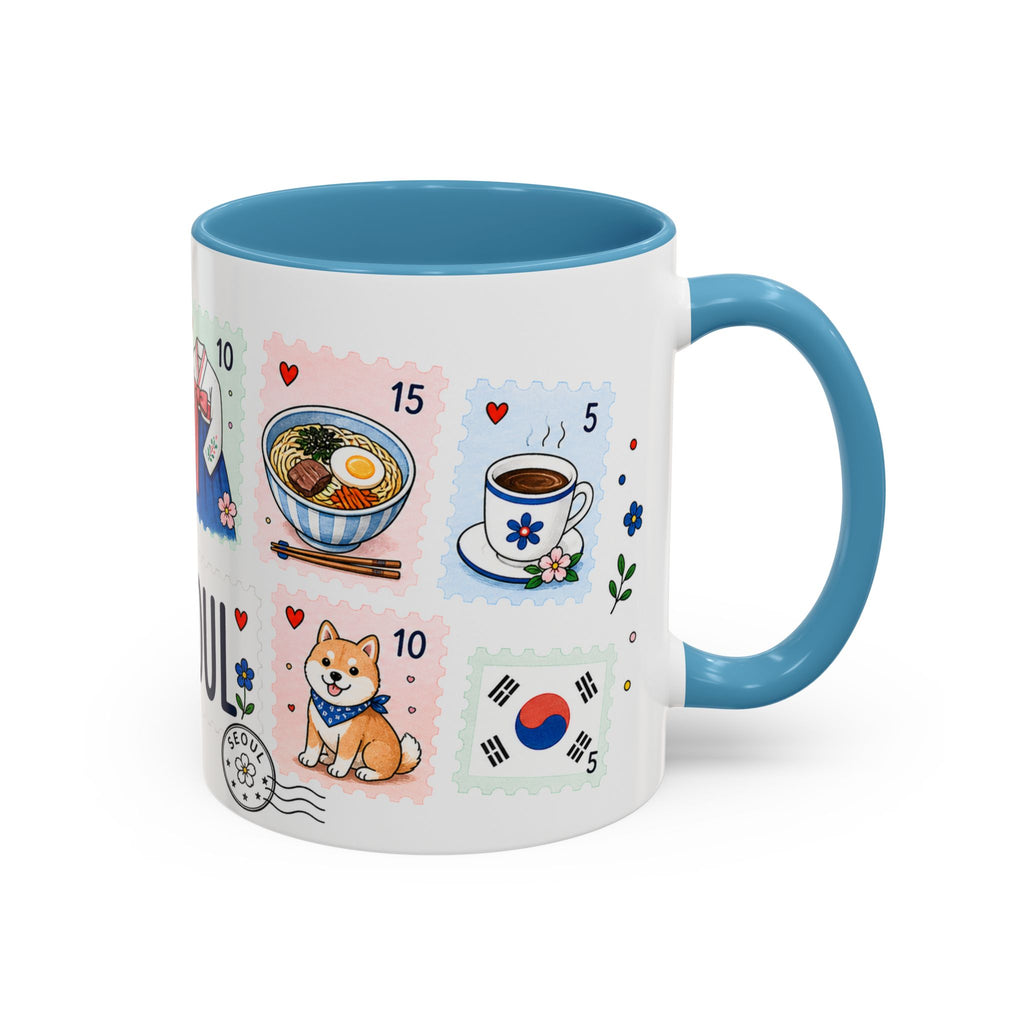 Seoul Coffee Mug | Postage Stamp Collage Mug | Travel Souvenir Accent Cup 11oz 15oz