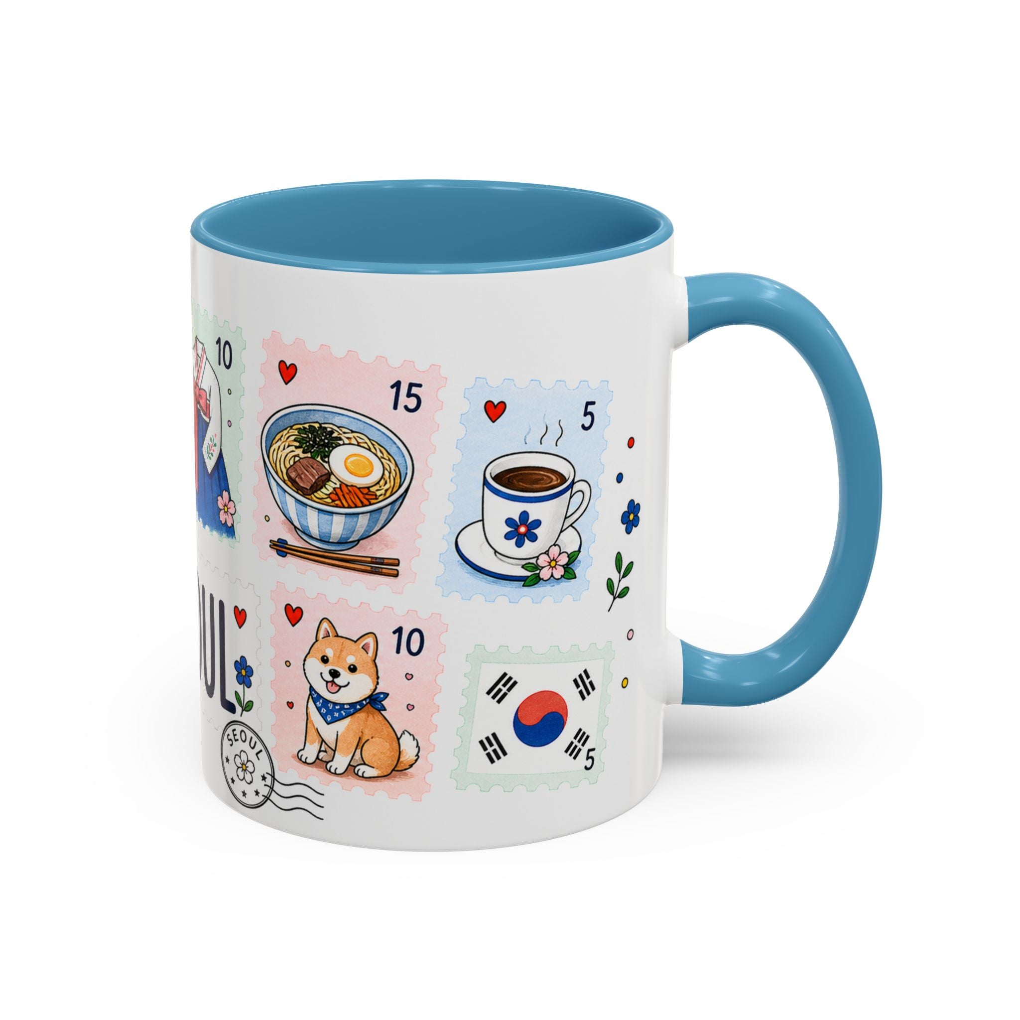 Seoul Coffee Mug | Postage Stamp Collage Mug | Travel Souvenir Accent Cup 11oz 15oz
