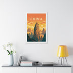 China Mountain Temple China Framed Poster | Vintage Travel Wall Art | Black Walnut White Frame | 16x24 20x30