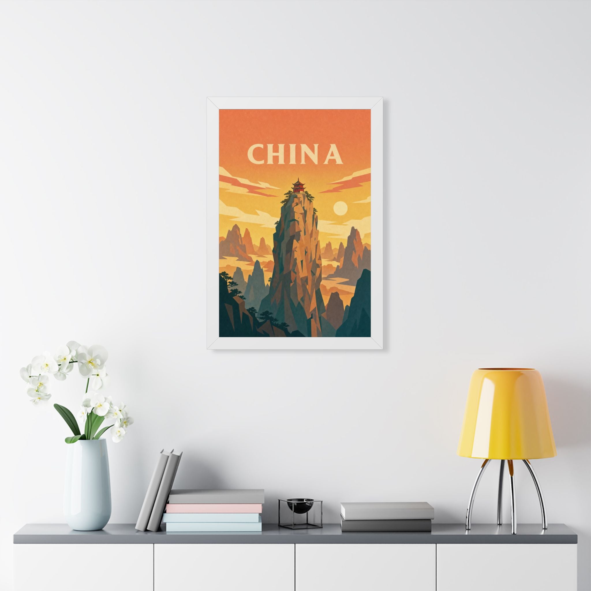 China Mountain Temple China Framed Poster | Vintage Travel Wall Art | Black Walnut White Frame | 16x24 20x30