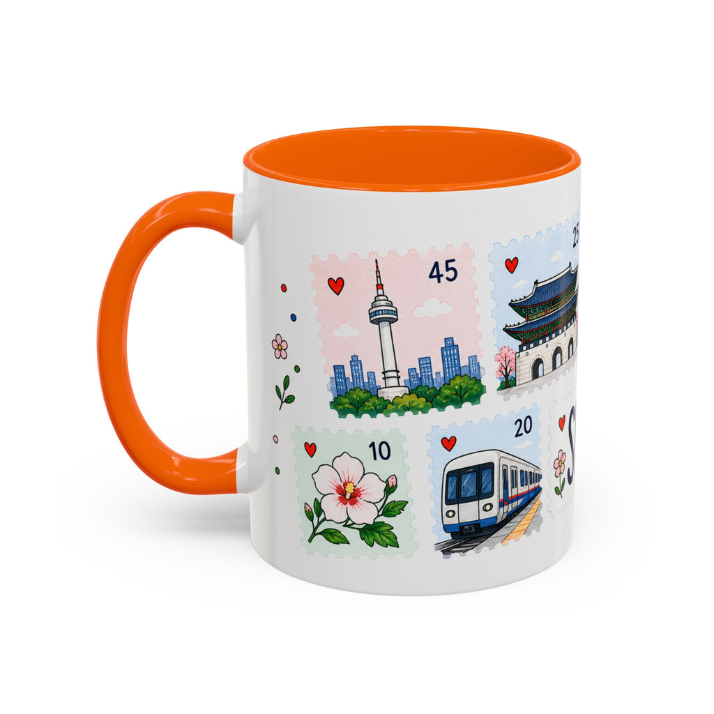Seoul Coffee Mug | Postage Stamp Collage Mug | Travel Souvenir Accent Cup 11oz 15oz