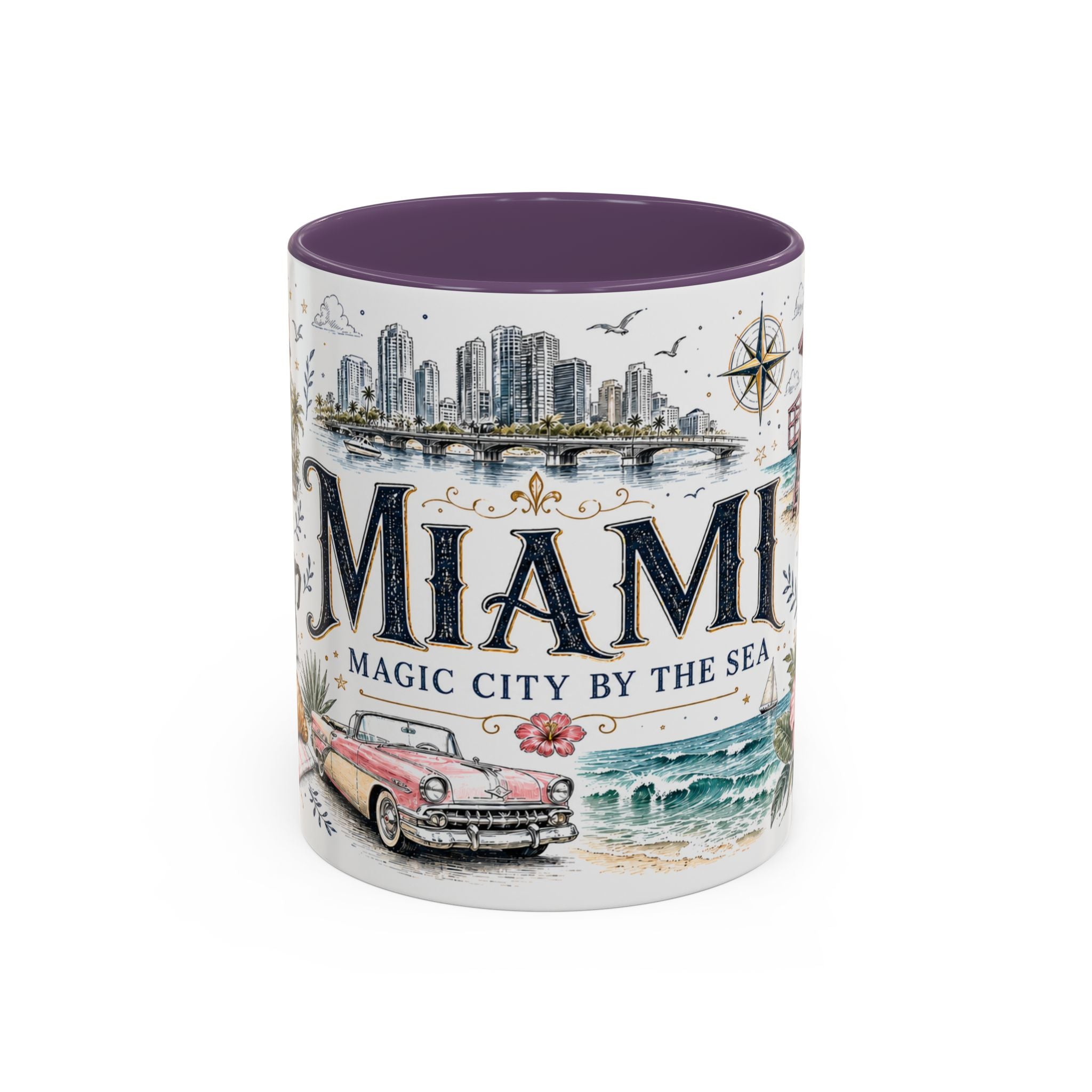 Miami Coffee Mug | United States Travel Souvenir | Vintage Illustrated City Gift | 11 oz 15 oz Accent Mug