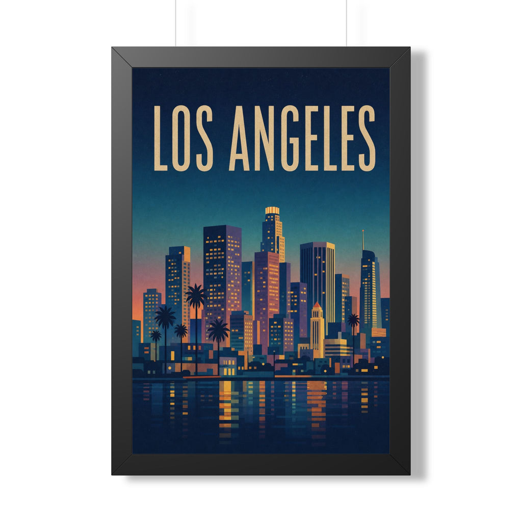 Los Angeles at Night United States Framed Poster | Vintage Travel Wall Art | Black Walnut White Frame | 16x24 20x30