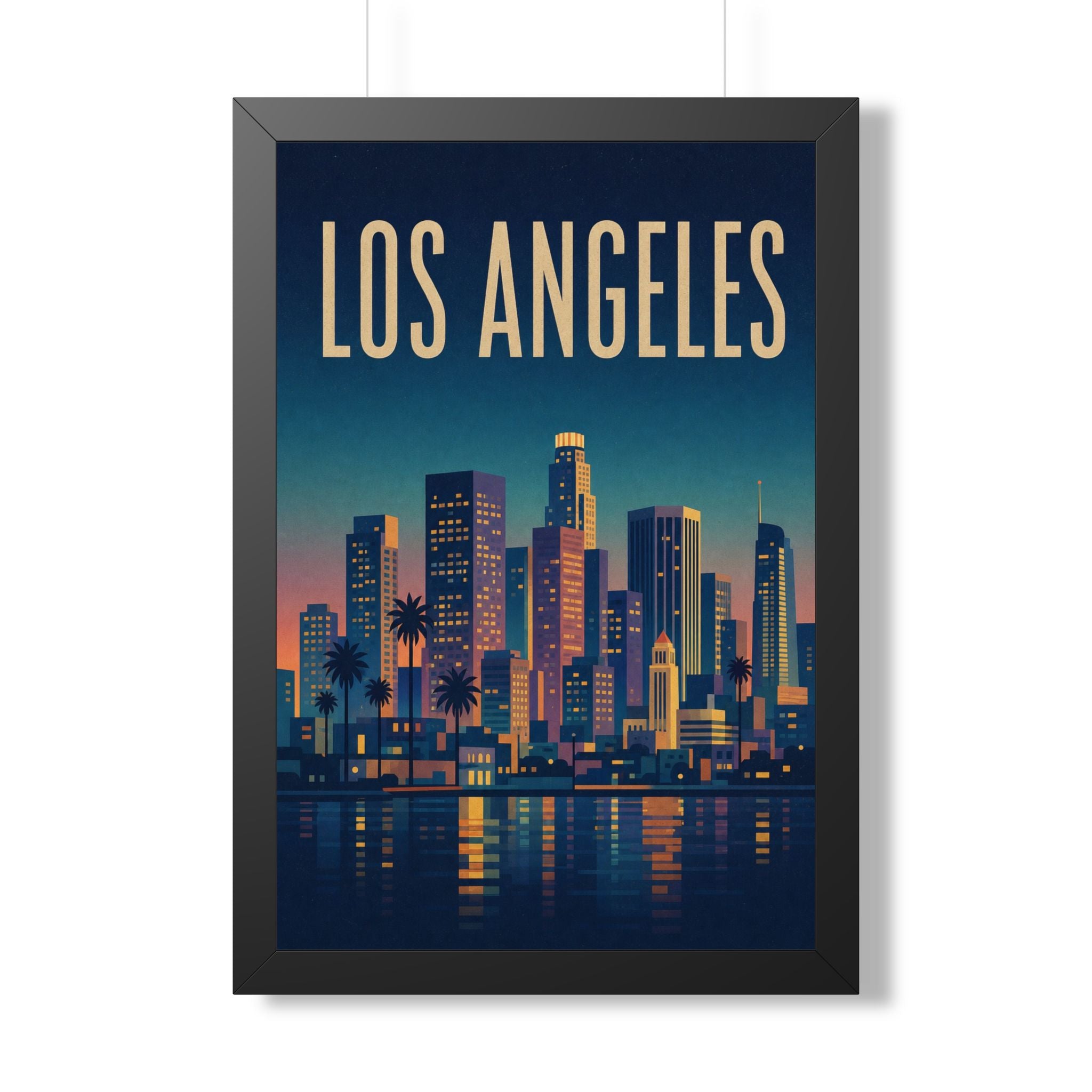Los Angeles at Night United States Framed Poster | Vintage Travel Wall Art | Black Walnut White Frame | 16x24 20x30