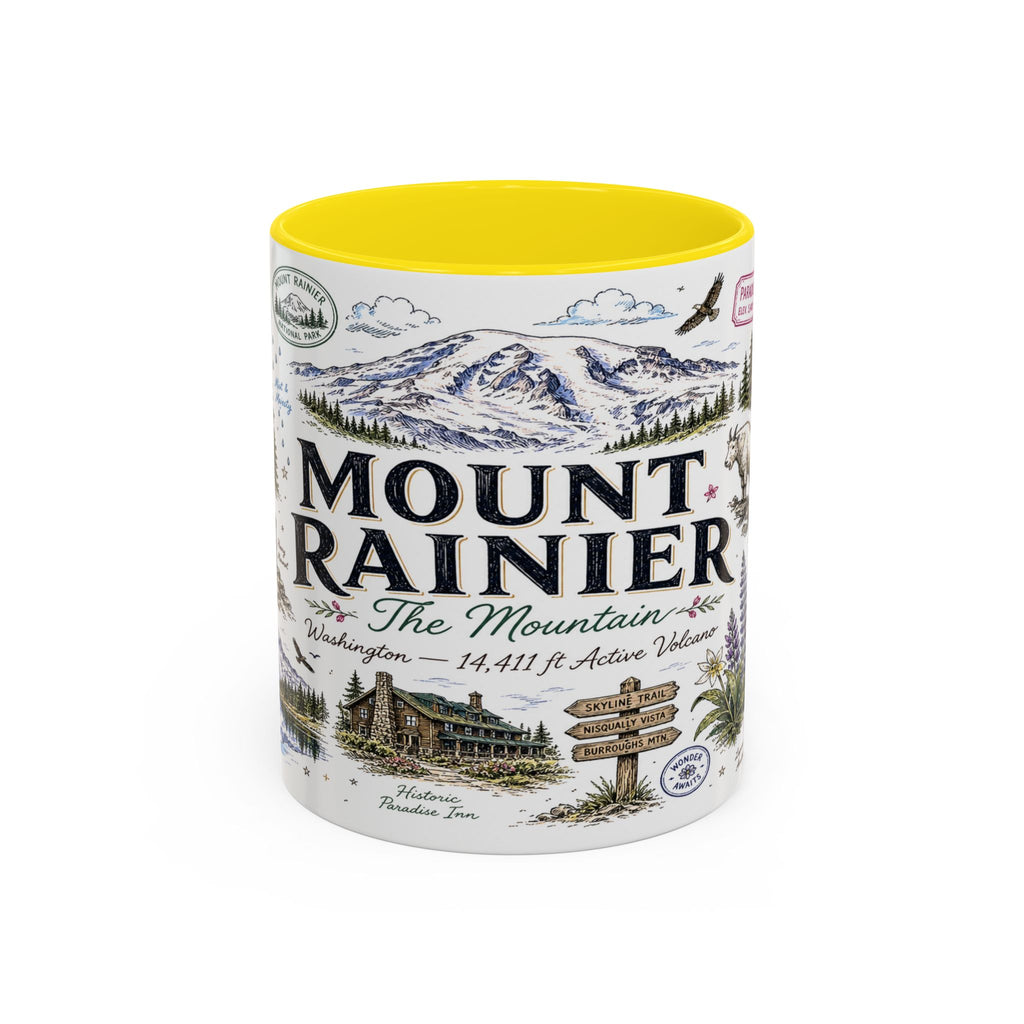Mount Rainier Coffee Mug | National Park Hiking Washington Gift | Accent Color Ceramic 11oz 15oz