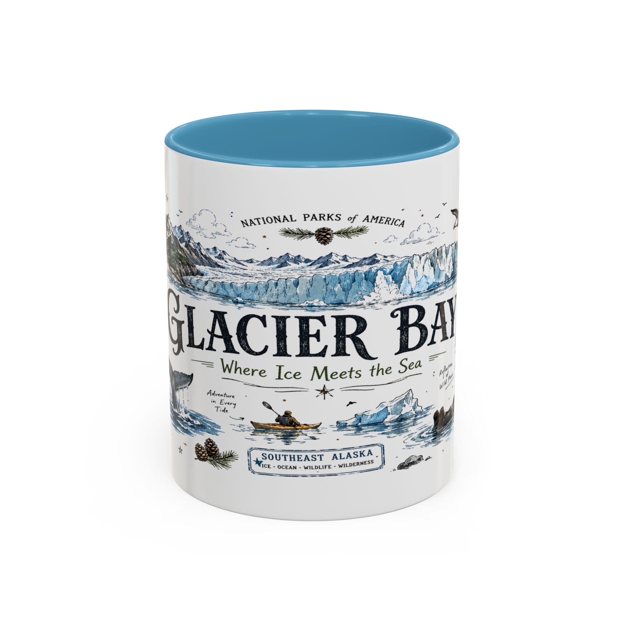 Glacier Bay National Park Coffee Mug | Alaska Wilderness Kayaking Gift | Accent Color Ceramic 11oz 15oz