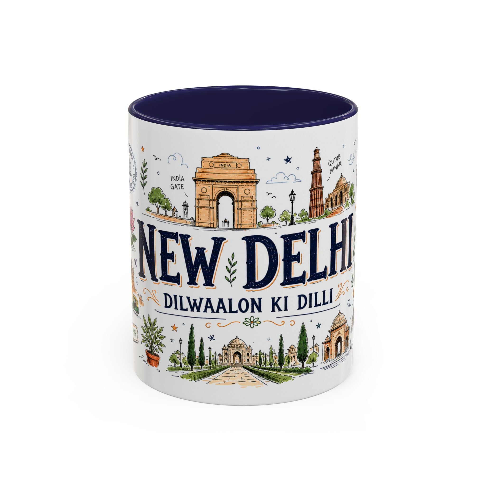 New Delhi Coffee Mug | India Souvenir Travel Gift | Accent Color Ceramic 11oz 15oz