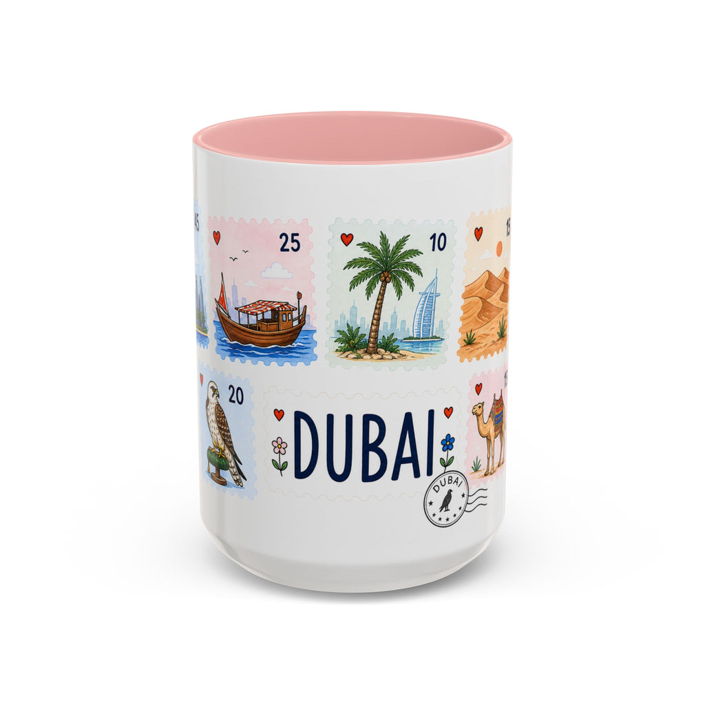 Dubai Coffee Mug | Postage Stamp Collage Mug | Travel Souvenir Accent Cup 11oz 15oz