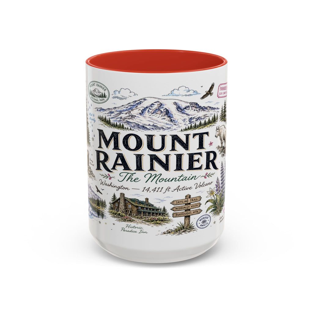Mount Rainier Coffee Mug | National Park Hiking Washington Gift | Accent Color Ceramic 11oz 15oz