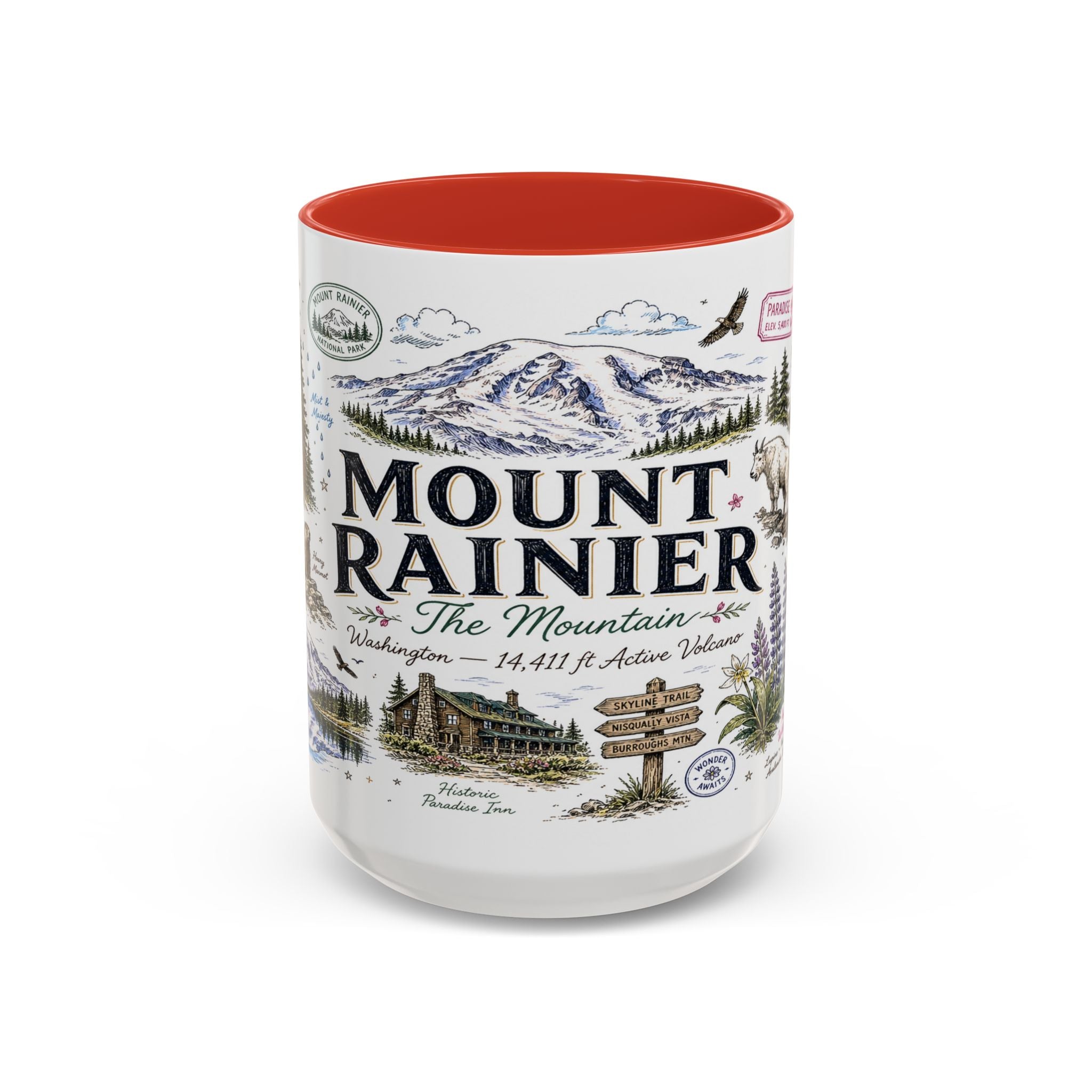 Mount Rainier Coffee Mug | National Park Hiking Washington Gift | Accent Color Ceramic 11oz 15oz
