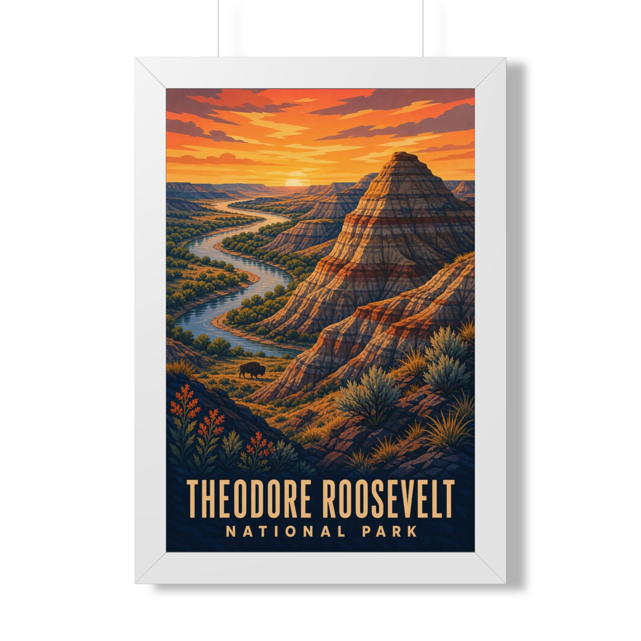 Theodore Roosevelt National Park Framed Poster | Vintage Travel Wall Art | Black Walnut White Frame | 16x24 20x30