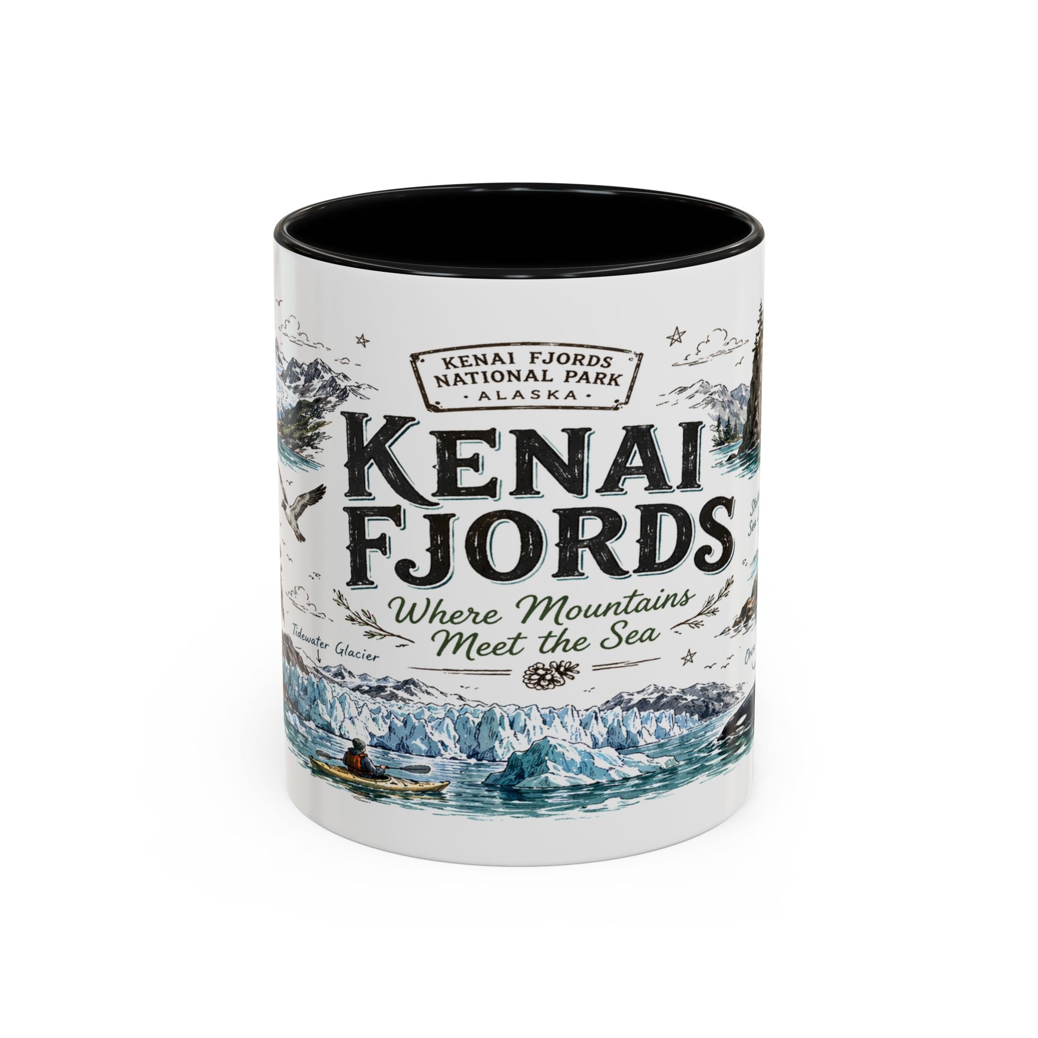 Kenai Fjords National Park Coffee Mug | Alaska Coastal Wildlife Hiking Gift | Accent Color Ceramic 11oz 15oz