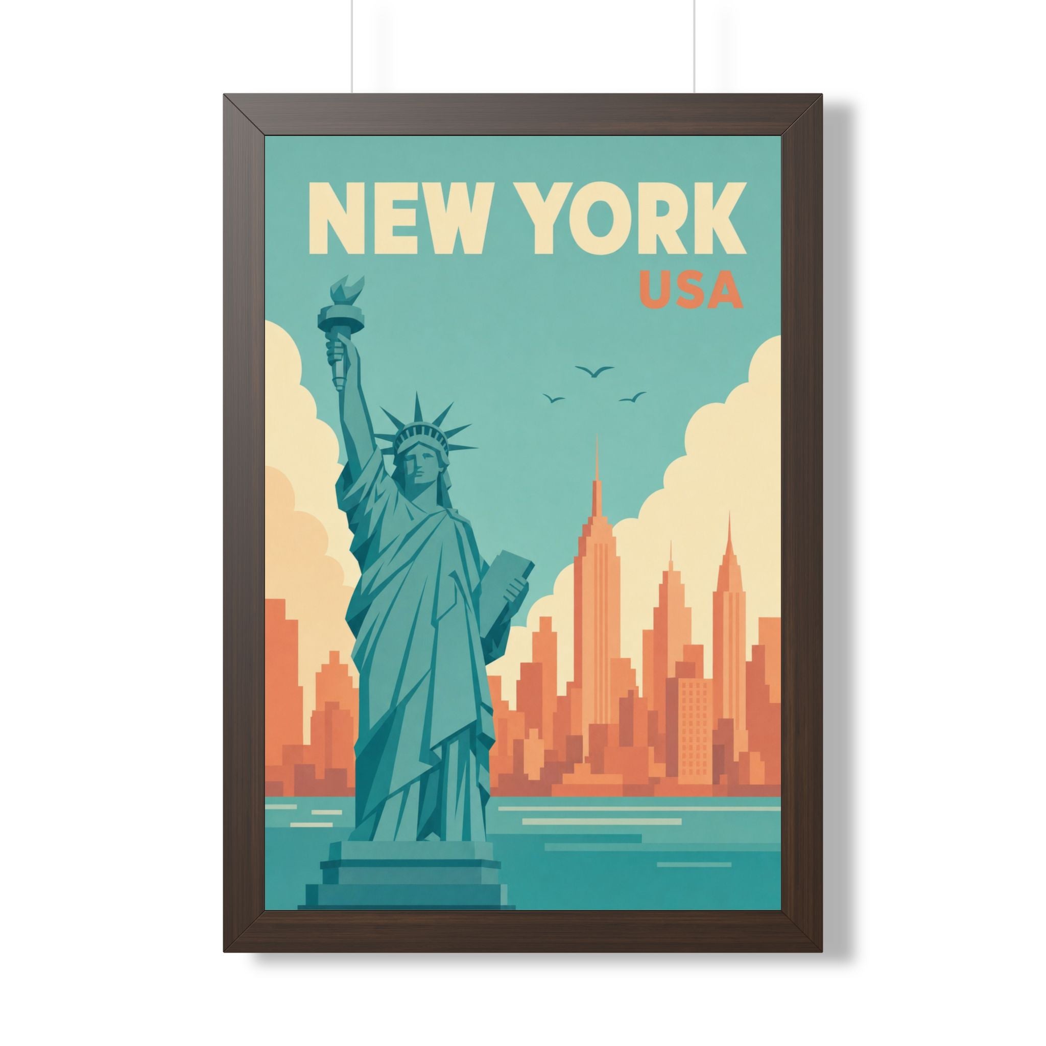 New York Harbor United States Framed Poster | Vintage Travel Wall Art | Black Walnut White Frame | 16x24 20x30