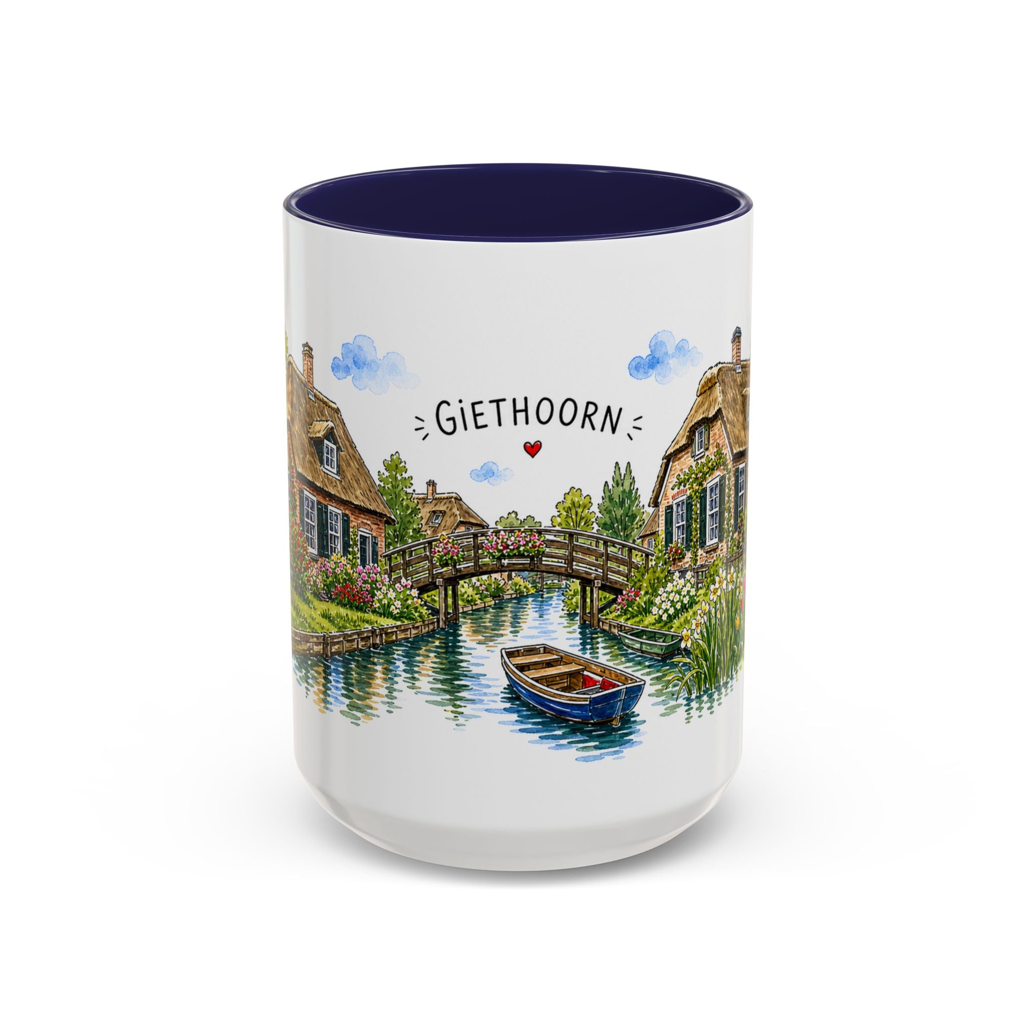 Giethoorn Illustrated Travel Mug | Netherlands Souvenir Accent Coffee Mug | 11oz 15oz Ceramic Cup