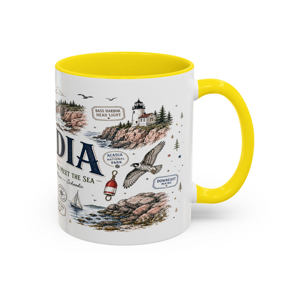 Acadia Coffee Mug | National Park Hiking Coastal Gift | Accent Color Ceramic 11oz 15oz