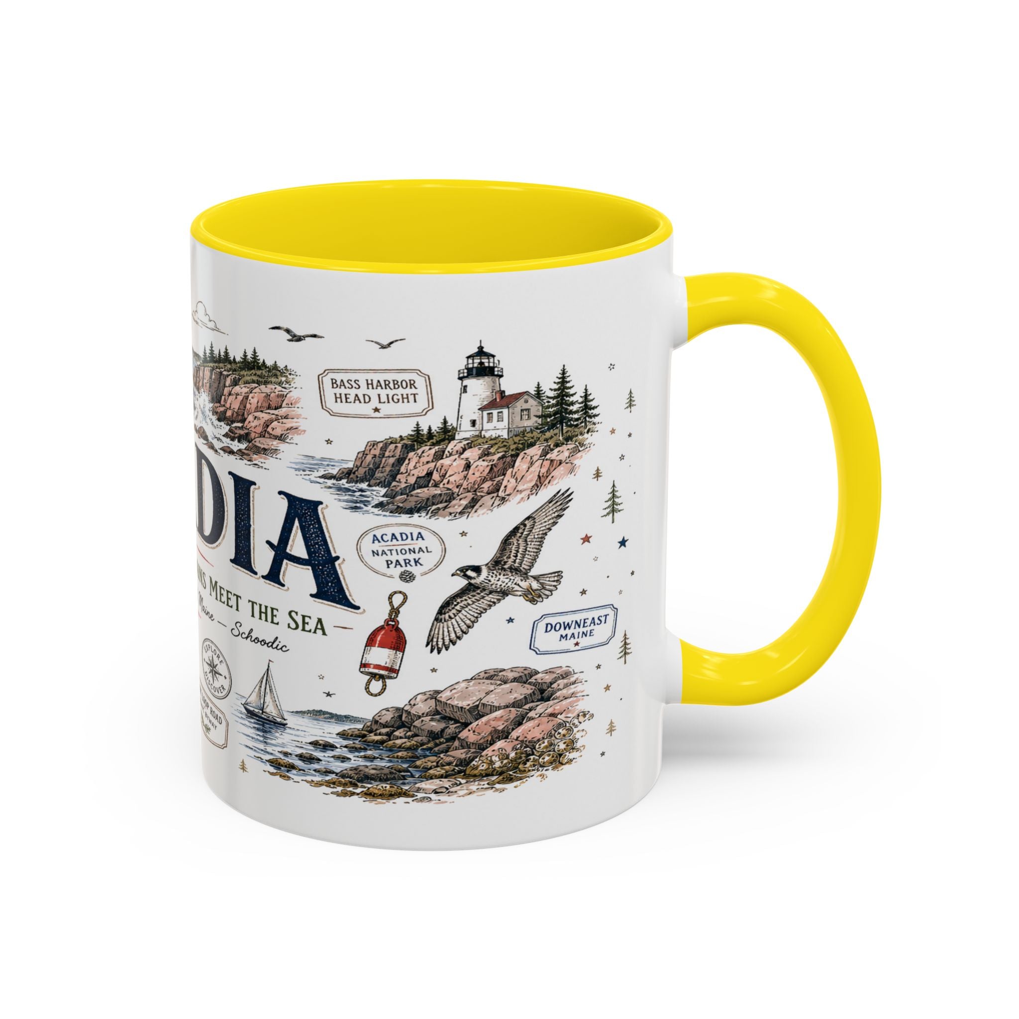 Acadia Coffee Mug | National Park Hiking Coastal Gift | Accent Color Ceramic 11oz 15oz