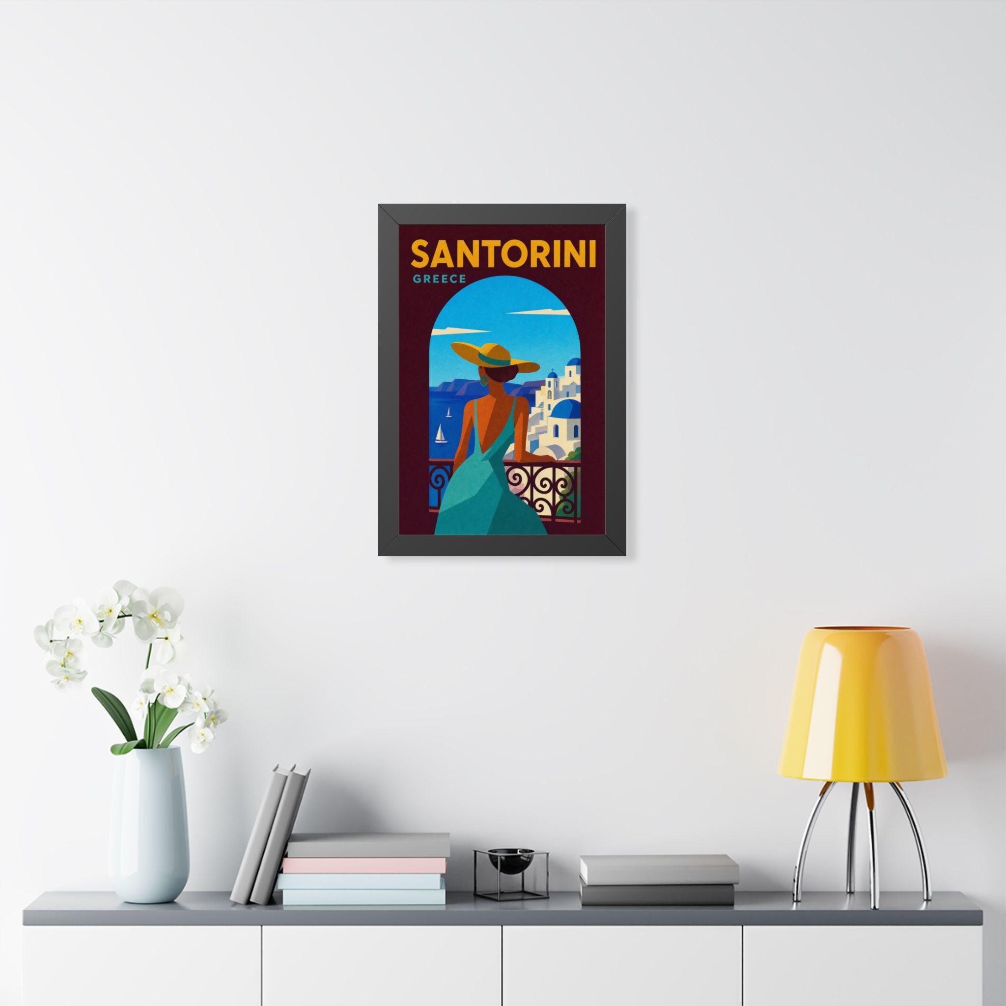 Santorini Greece Framed Poster | Vintage Travel Wall Art | Black Walnut White Frame | 16x24 20x30