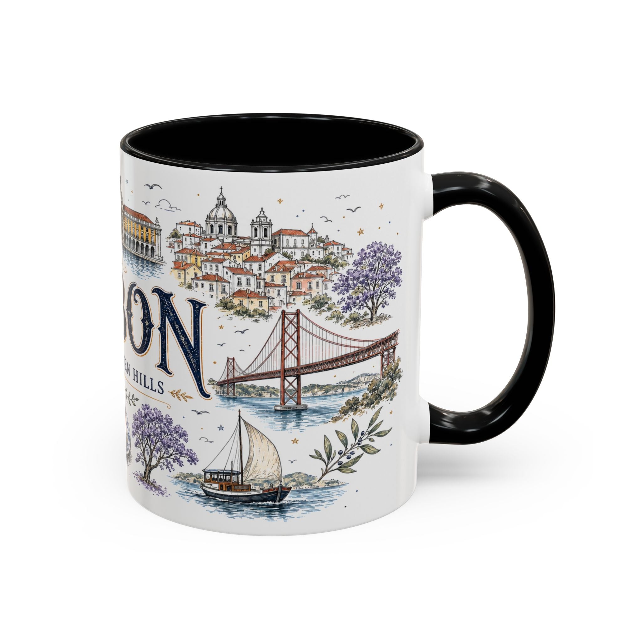 Lisbon Coffee Mug | Portugal Travel Souvenir | Vintage Illustrated City Gift | 11 oz 15 oz Accent Mug