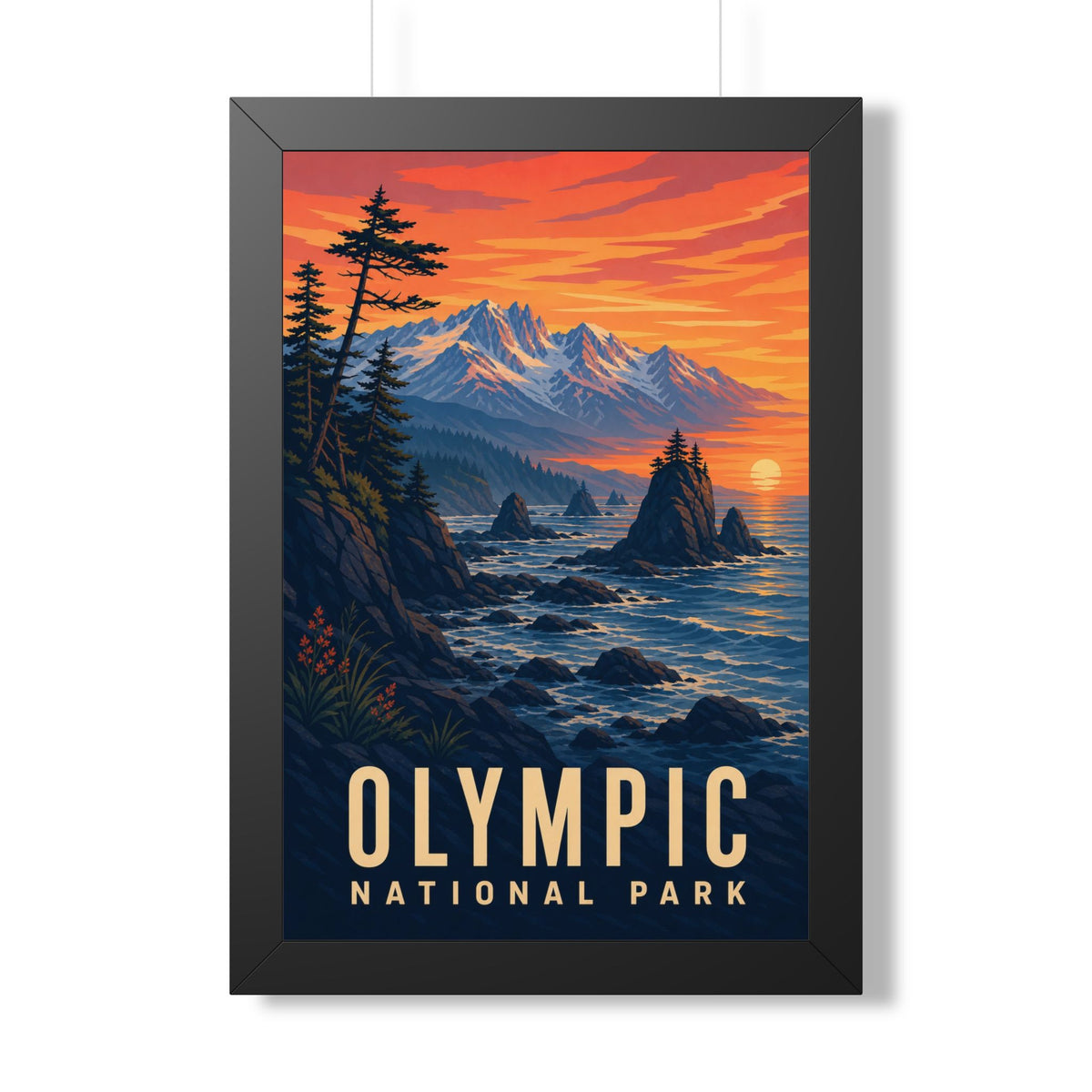 Olympic National Park Framed Poster | Vintage Travel Wall Art | Black Walnut White Frame | 16x24 20x30