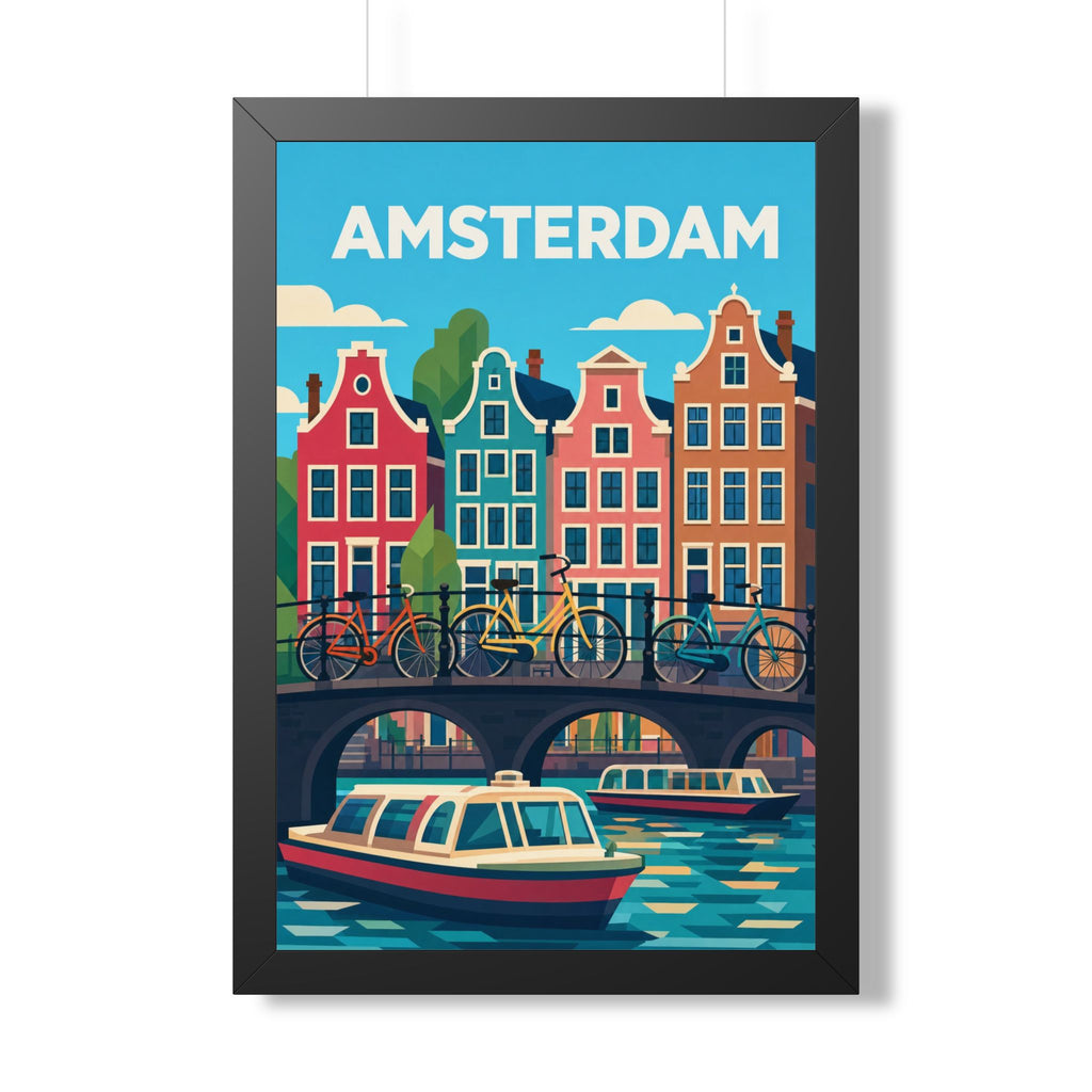Amsterdam Netherlands Framed Poster | Vintage Travel Wall Art | Black Walnut White Frame | 16x24 20x30
