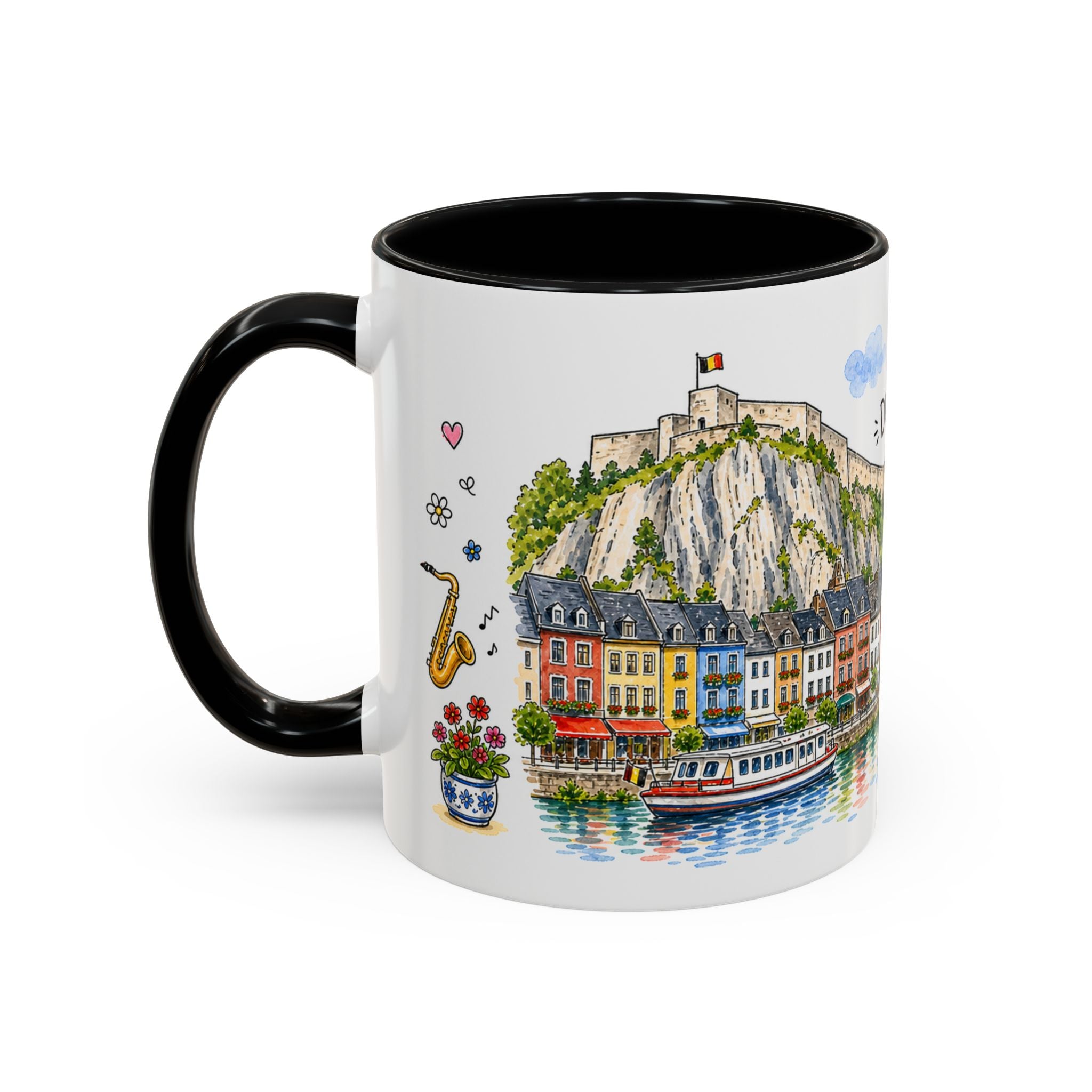 Dinant Illustrated Travel Mug | Belgium Souvenir Accent Coffee Mug | 11oz 15oz Ceramic Cup