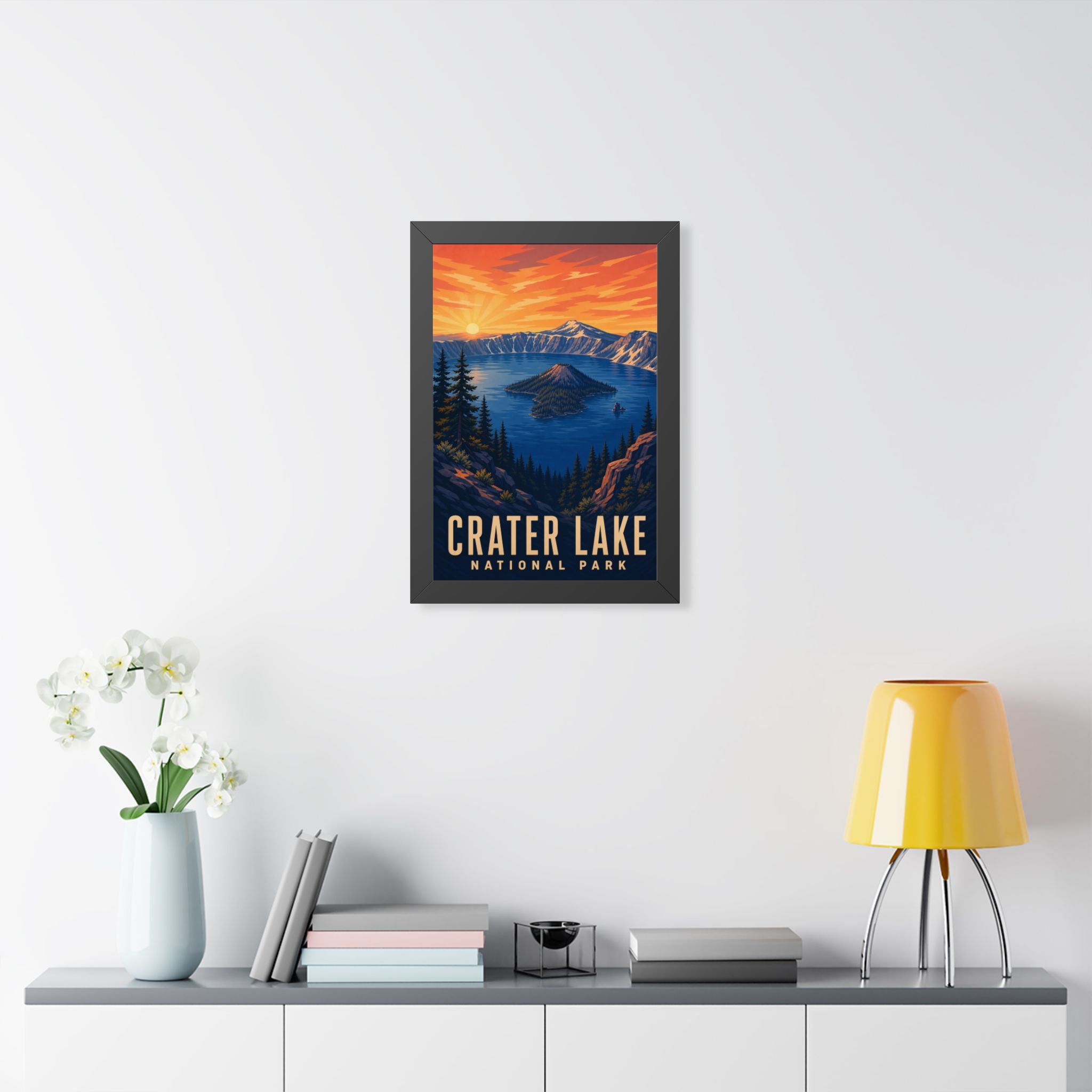 Crater Lake National Park Framed Poster | Vintage Travel Wall Art | Black Walnut White Frame | 16x24 20x30