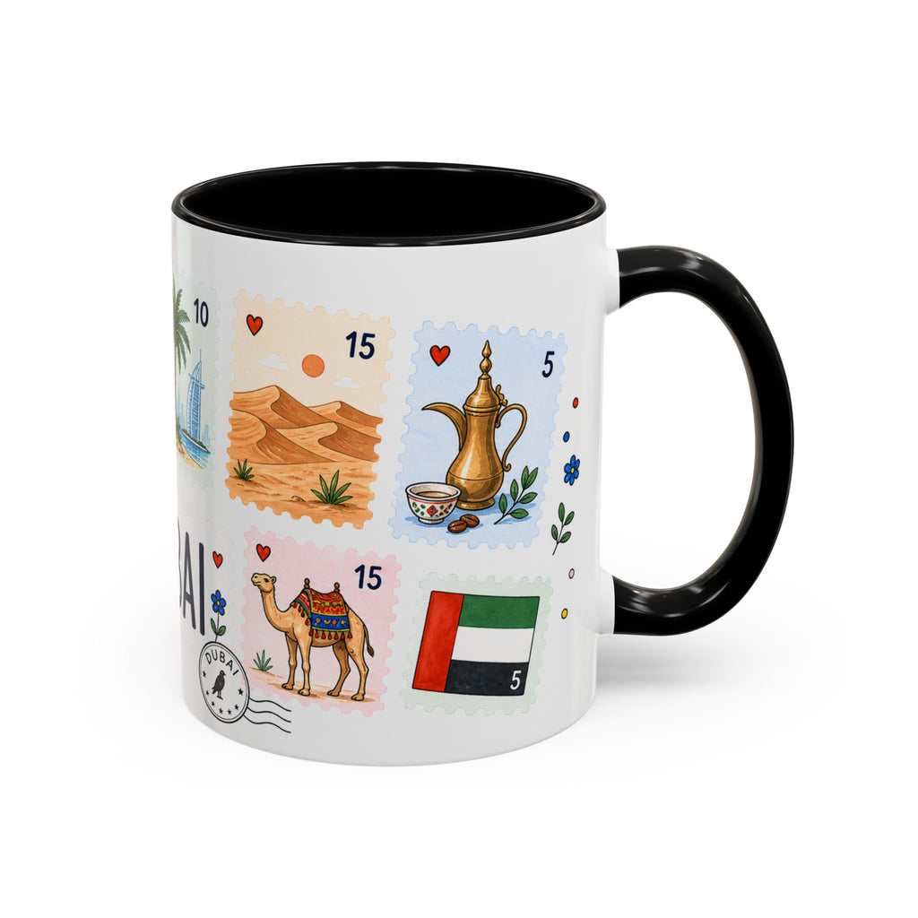 Dubai Coffee Mug | Postage Stamp Collage Mug | Travel Souvenir Accent Cup 11oz 15oz
