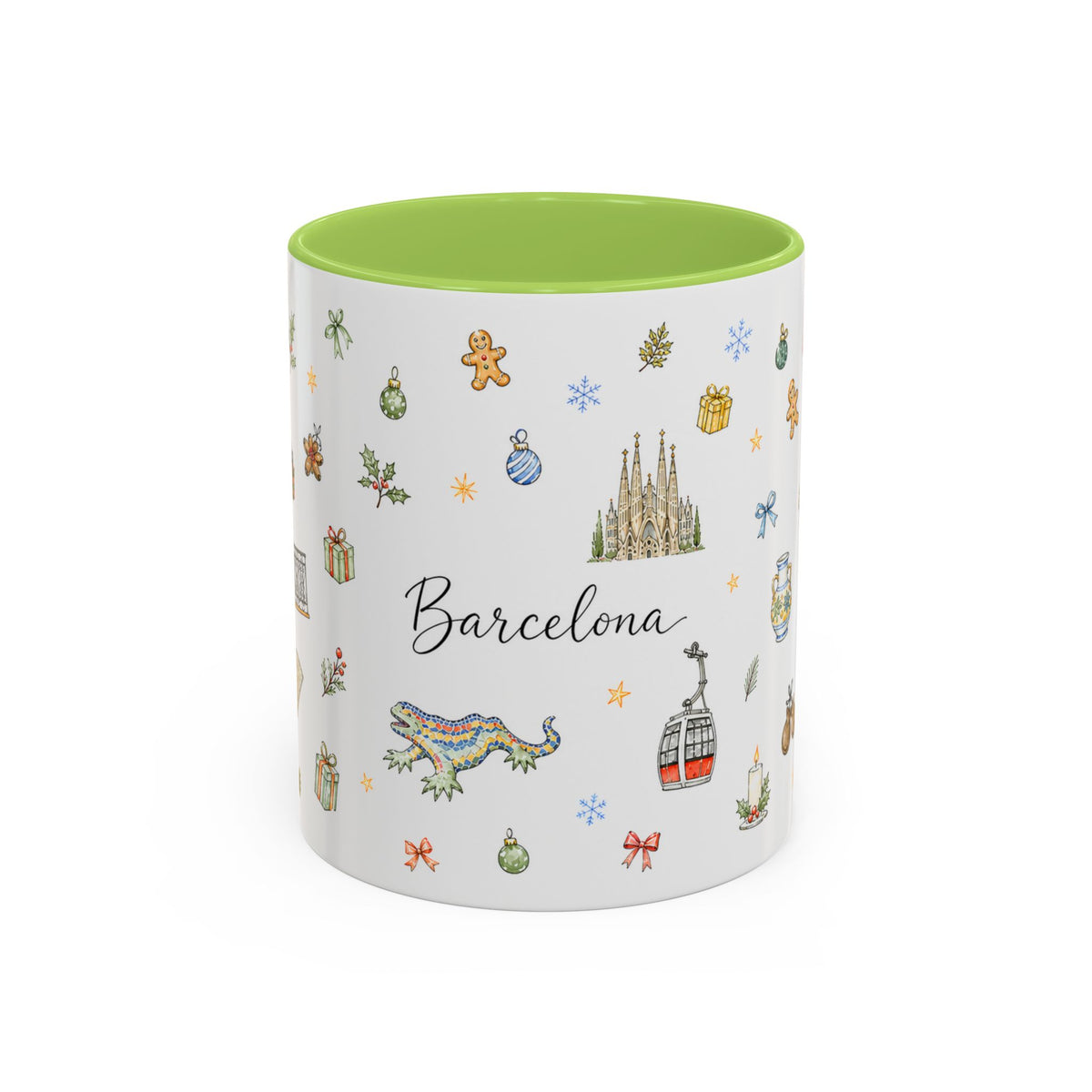 Barcelona Christmas Mug | Watercolor City Souvenir, Ceramic Coffee Cup (11oz/15oz)