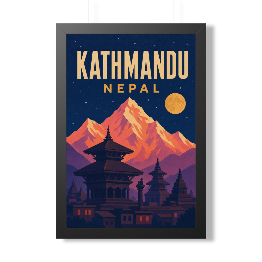Kathmandu Nepal Framed Poster | Vintage Travel Wall Art | Black Walnut White Frame | 16x24 20x30