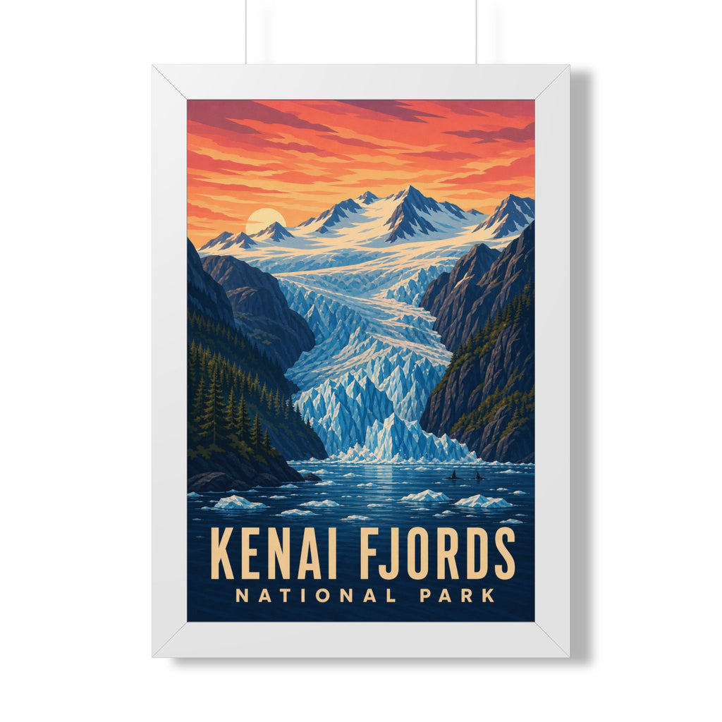 Kenai Fjords National Park Framed Poster | Vintage Travel Wall Art | Black Walnut White Frame | 16x24 20x30