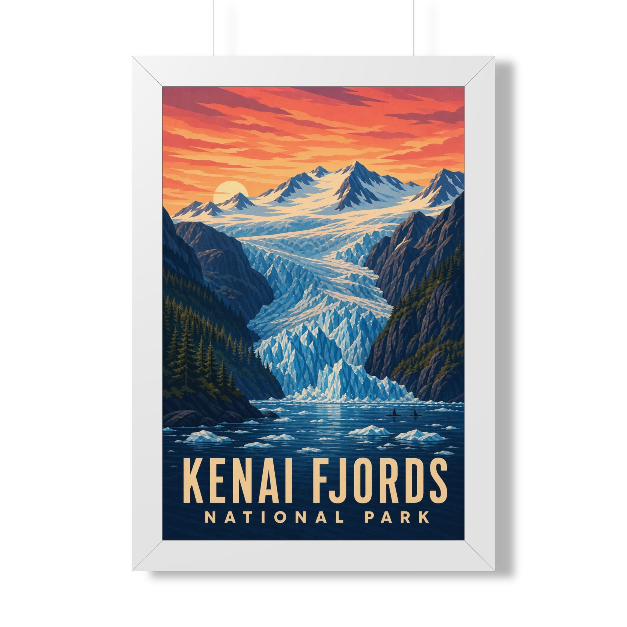 Kenai Fjords National Park Framed Poster | Vintage Travel Wall Art | Black Walnut White Frame | 16x24 20x30